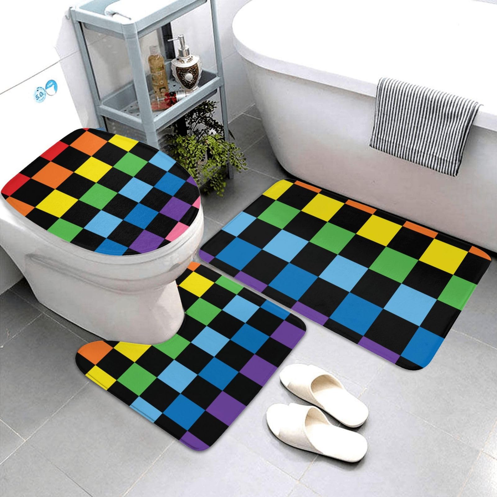 Tapis de salle de bain motif à carreaux avec tapis de contour pour WC et douche