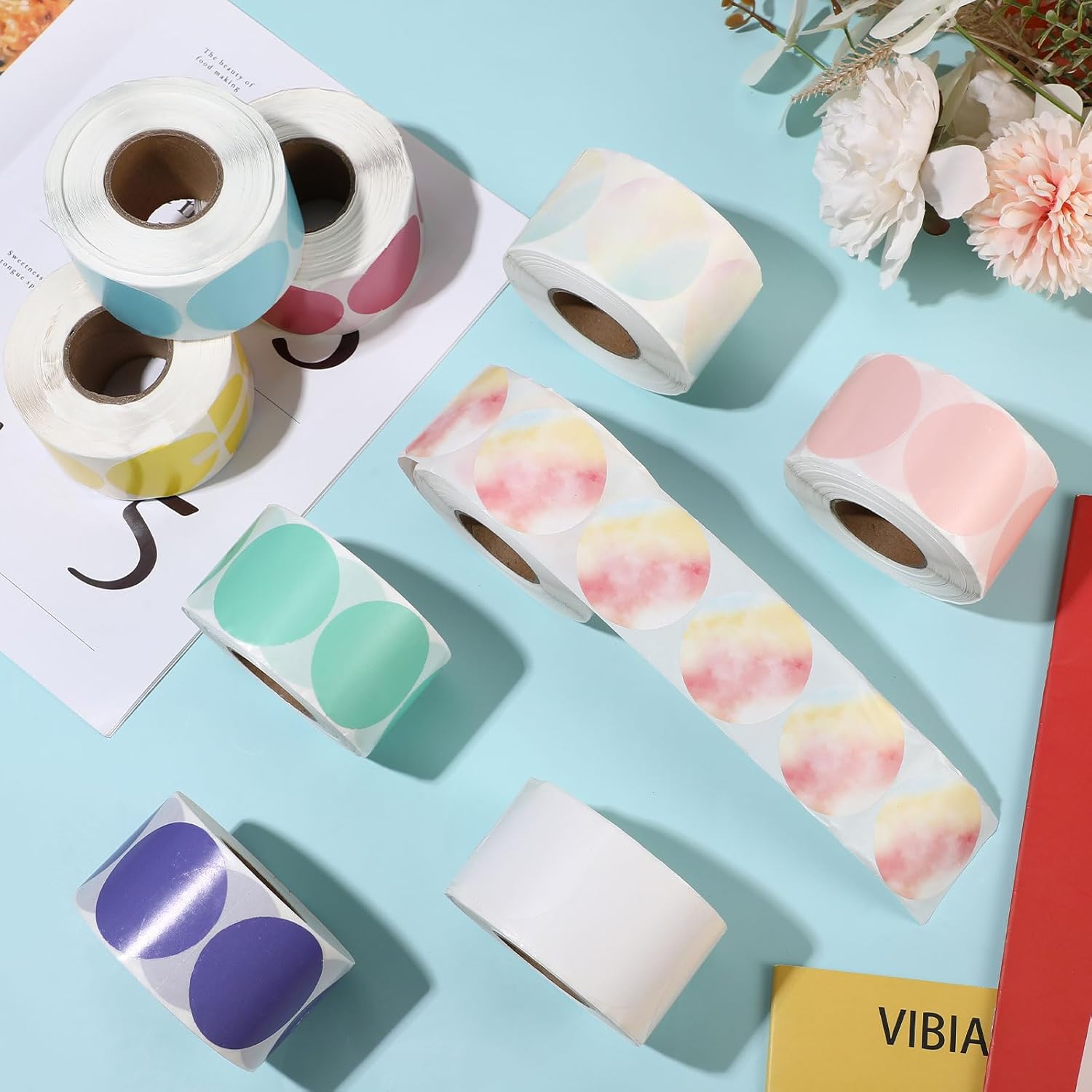 Yeaqee 9 Rolls 2 Inch Circle Thermal Label Stickers 750 Labels Bright Color Thermal Gradient Multi Purpose Stickers for Design DIY Code Tag Thank You Label (Bright Color) - Image 5