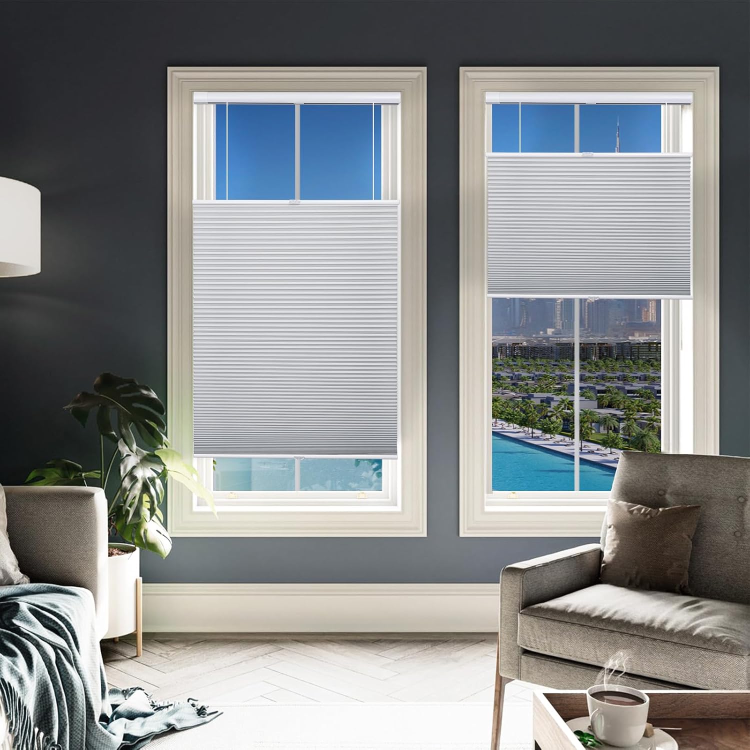 Keego No Drill Top Down Bottom Up Cellular Shades Cordless No Tools Blinds for Windows Blackout Honeycomb Blinds No Screws Cellular Blinds Easy Install(White, 70" W x 64" H)