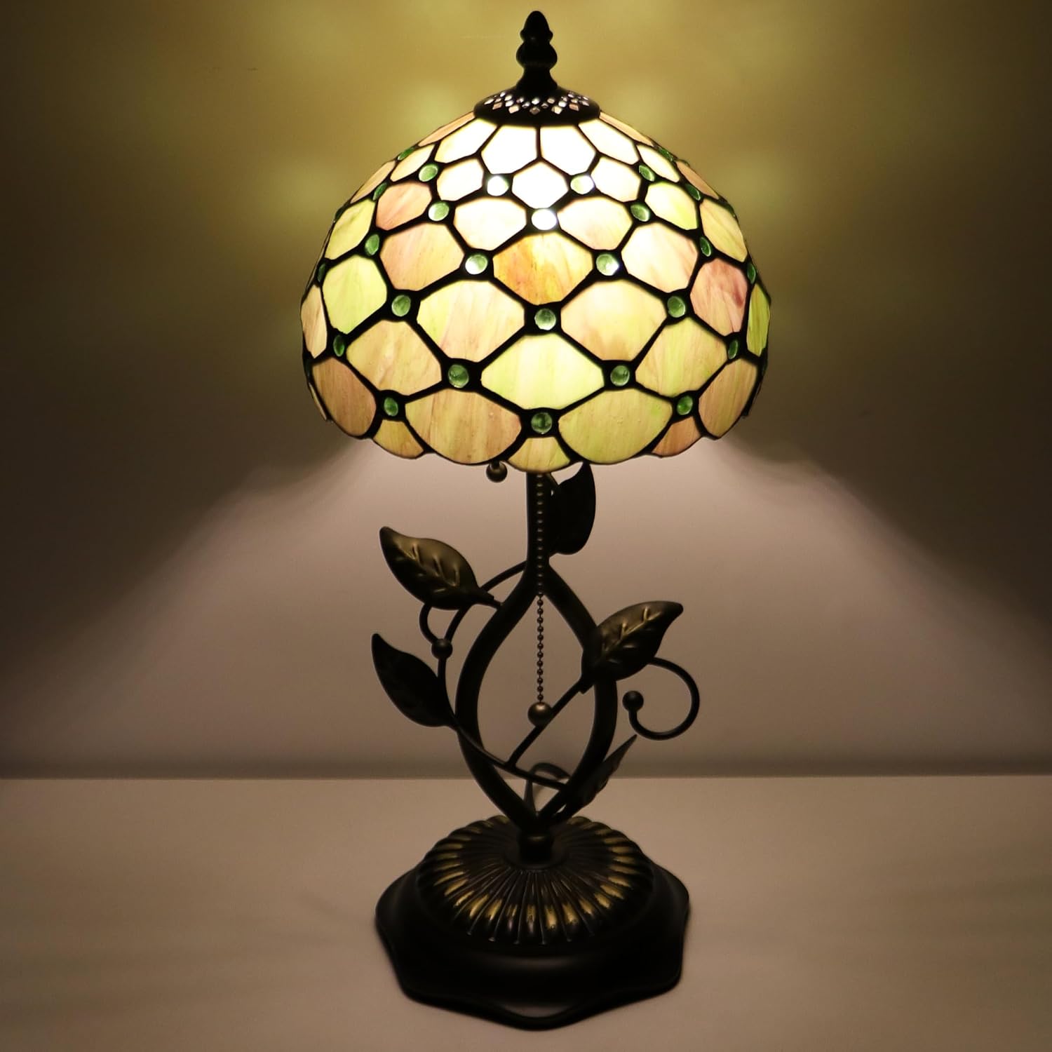 Small Tiffany Lamp Amber Green Pearl Style Stained Glass Table Lamps Desk Bedside Reading Light 8X8X18 Inches with Bronze Metal Leaf Resin Base