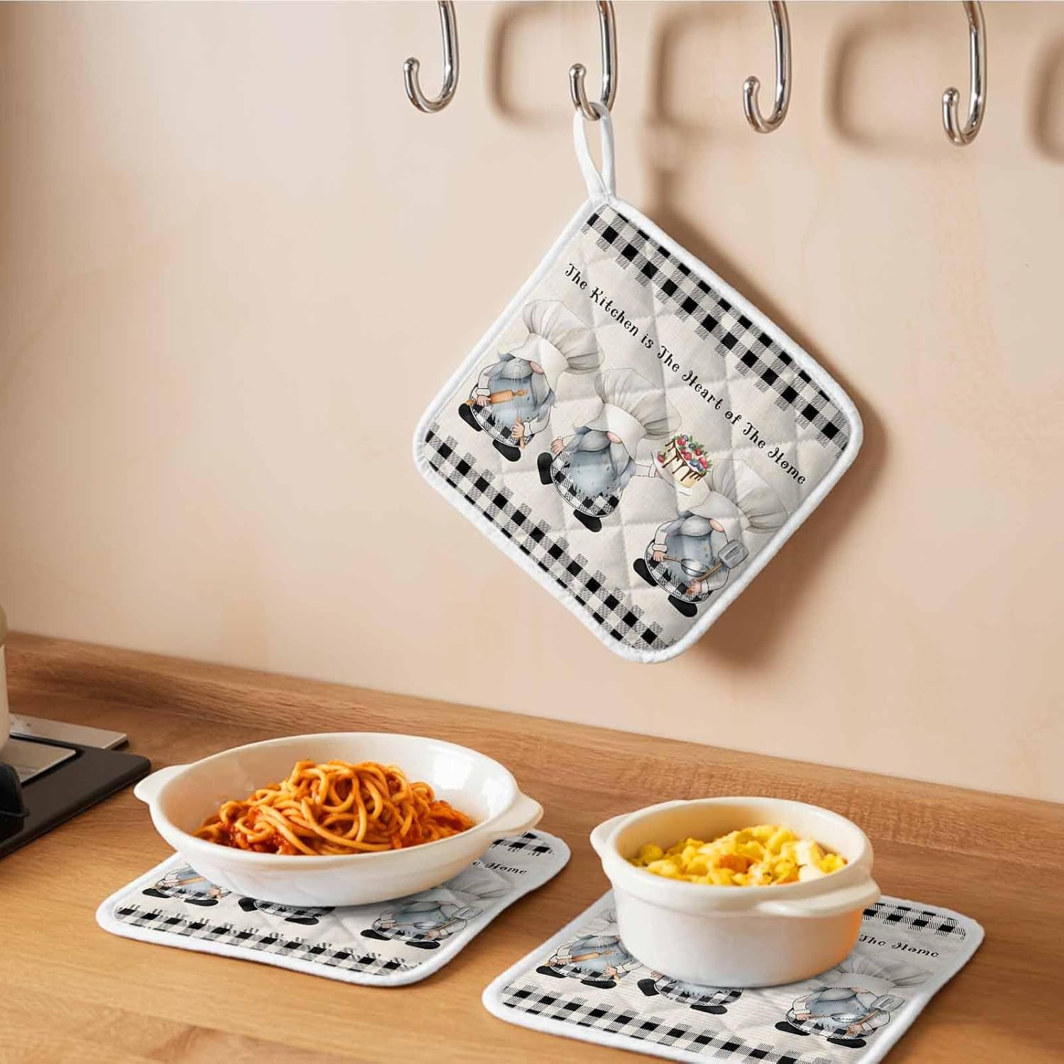 5 Pack Pot Holders for Kitchen, Chef Gnomes Hot Pads for Kitchen Countertops Oven Pot Holder Bulk, Black Grey Plaid Cake Cook Dessert Burlap Heat Insulation Potholders with Hanging Loops