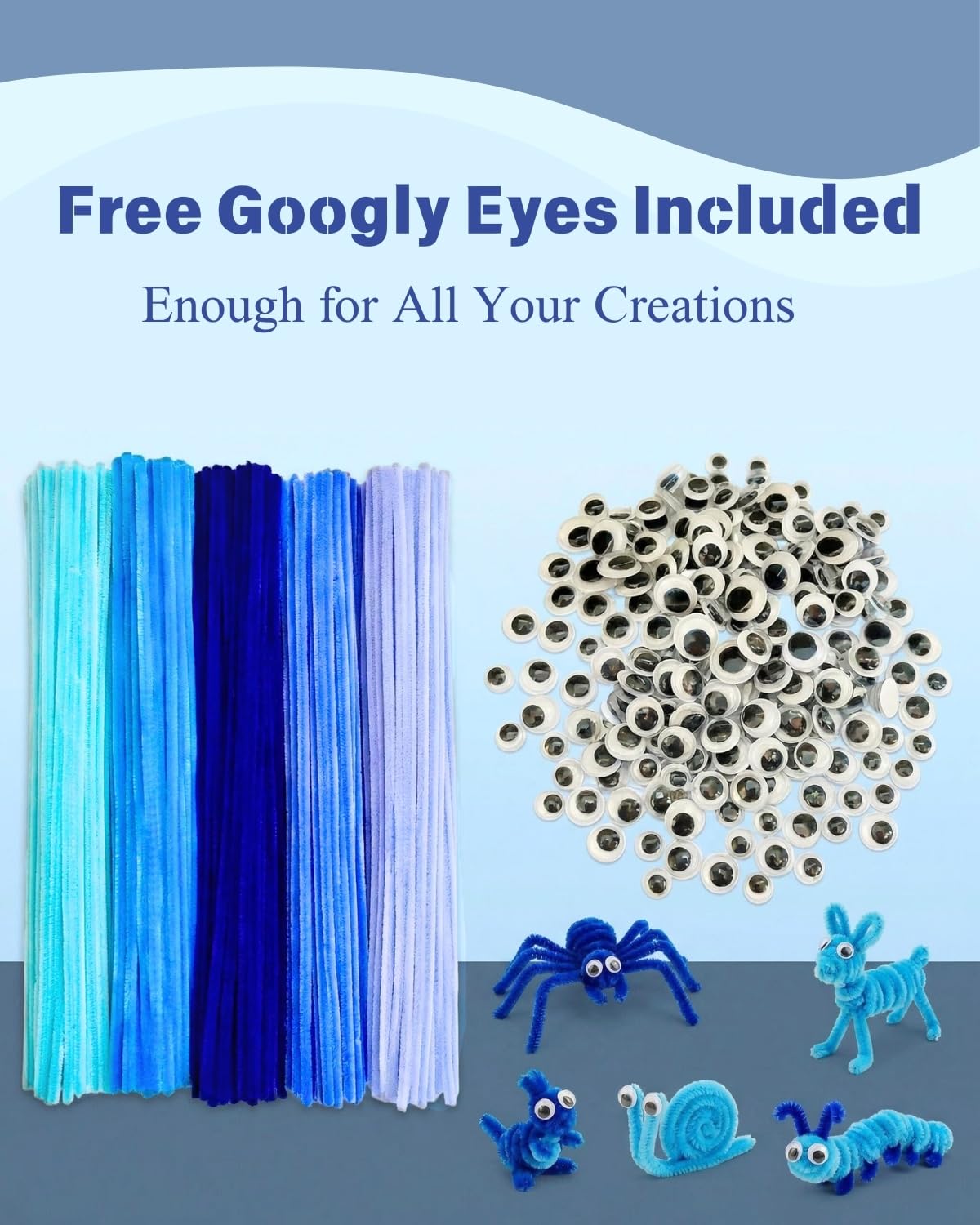 300 Piezas Limpiapipas Chenilla Azul con Ojos Móviles (5 Tonos Diferentes) | Blue Pipe Cleaner(30CM x 6mm) Para Manualidades: Hacer Flores, Animales,Decor Hogar y Actividades Creativas
