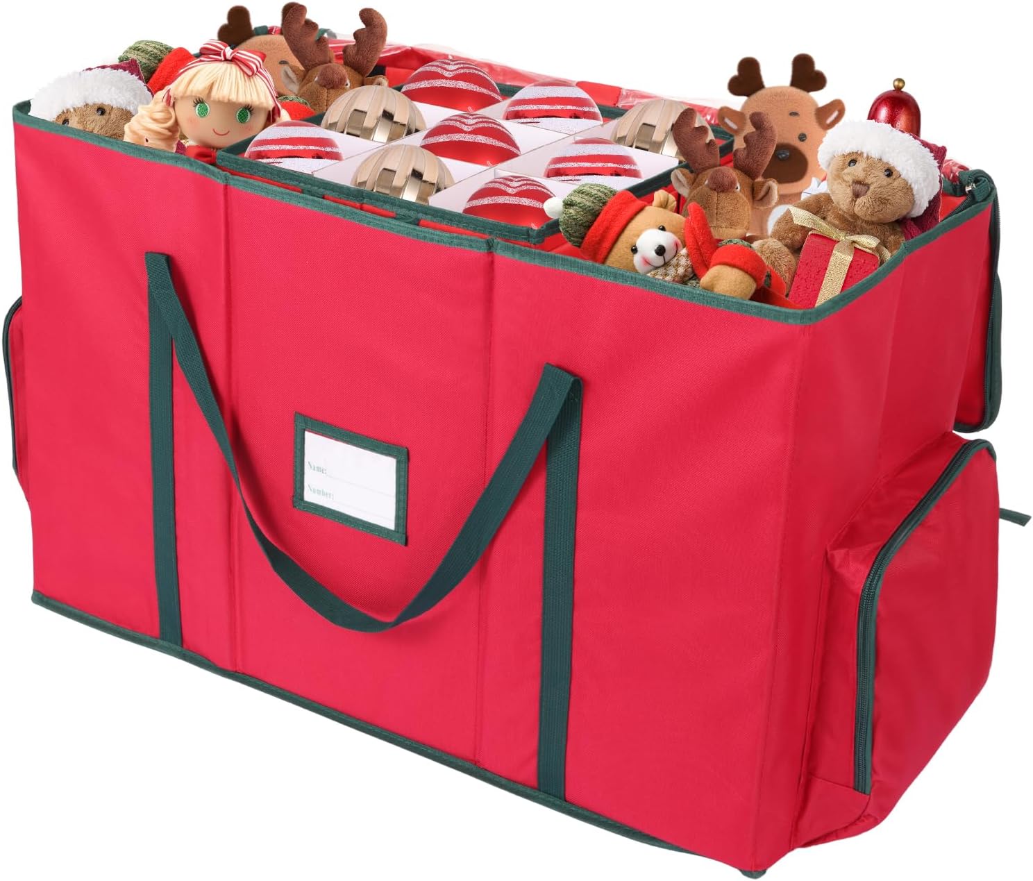 2-in-1 Christmas Ornament Storage Box & Xmas Figurine Container with Dual Zipper Closure Adjustable Dividers and Removable Trays Premium Christmas Ornament Storage Container, Red