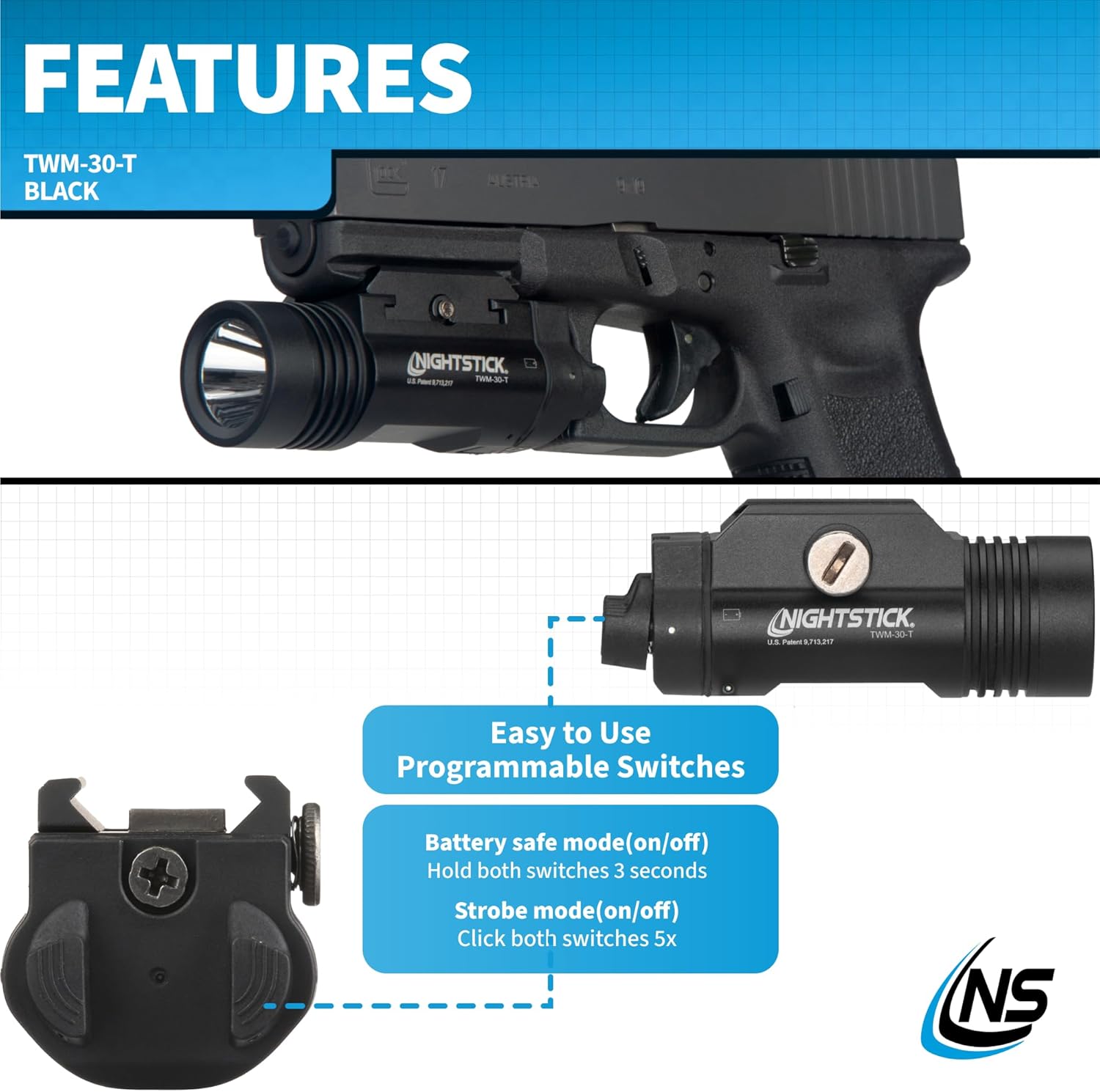 Nightstick TWM-30-T Full Size Turbo High Candela Handgun Light - 2 CR123 - Black