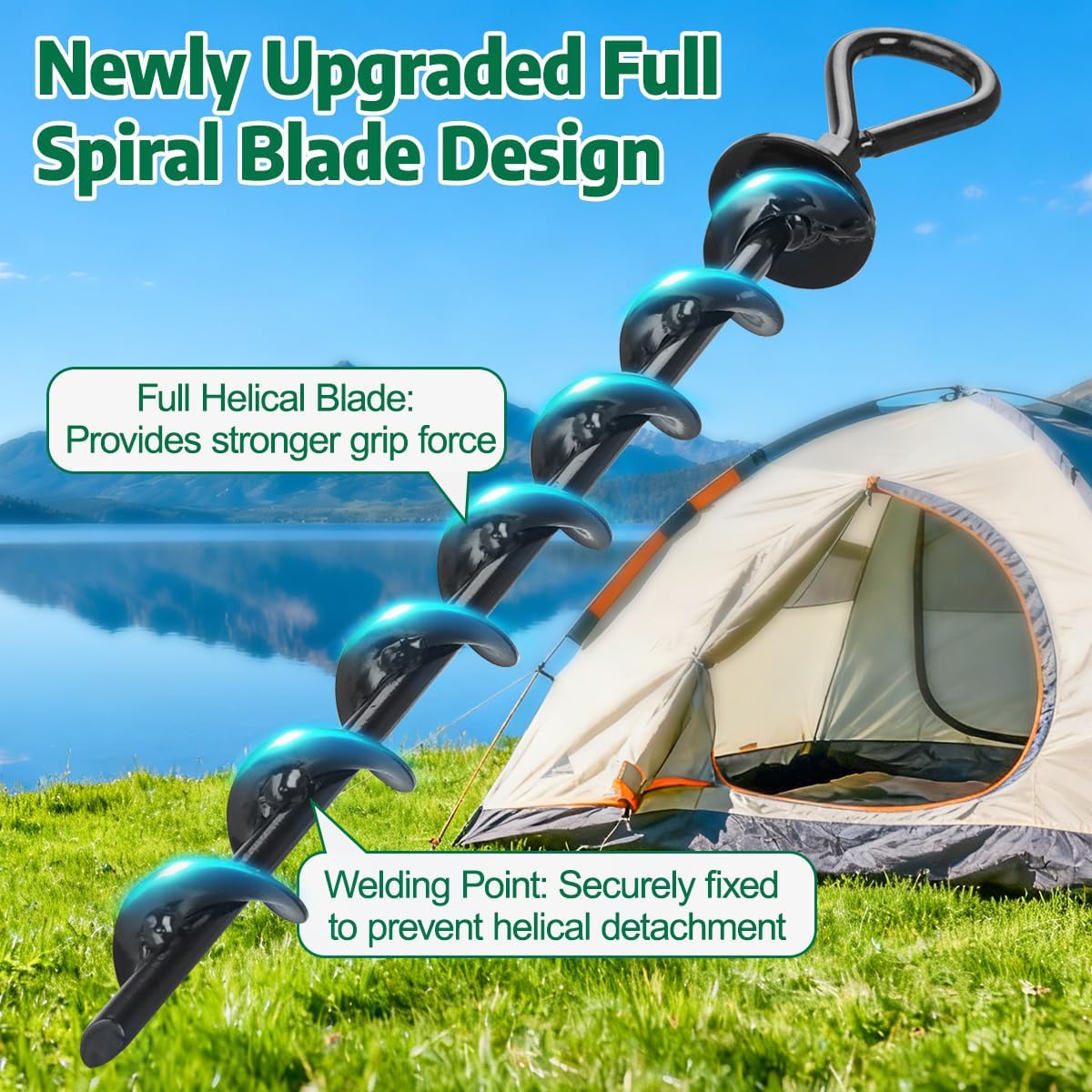 Bodenanker zum Eindrehen 4er Set 38 cm – Vollspiral Erdanker/Schwerlastanker mit 3/16'' PVC-Stahlseil, 4 Spannschlössern & Bohradapter, Sturmanker für Trampolin, Zelt, Pavillon, Carport
