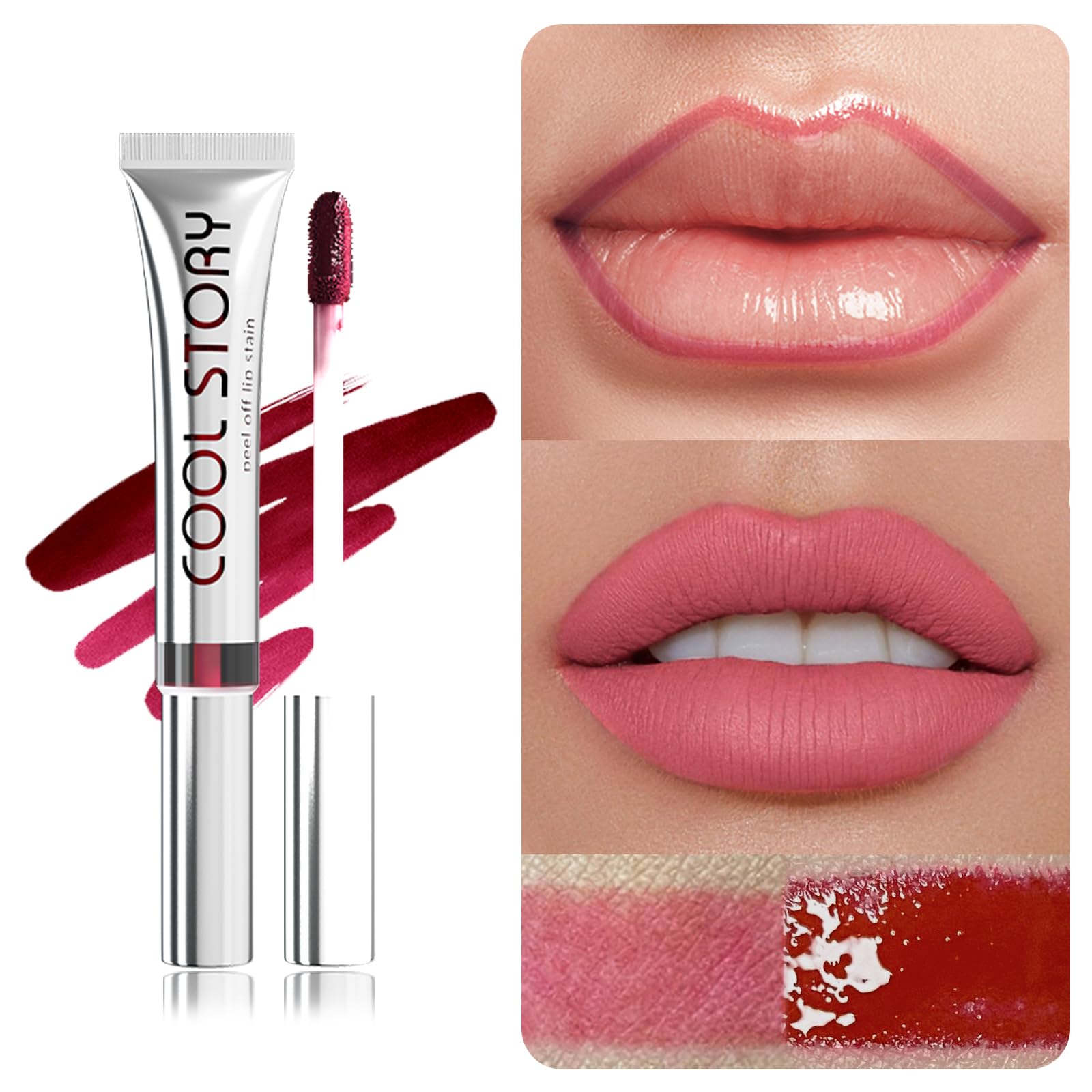 COOL STORY Peel Off Lip Stain, Long Wear Tattoo Lip Liner, Matte Finish Peel Off Lip Stain, Long Lasting, Waterproof, Transfer-proof, Highly Pigmented Color Light Red