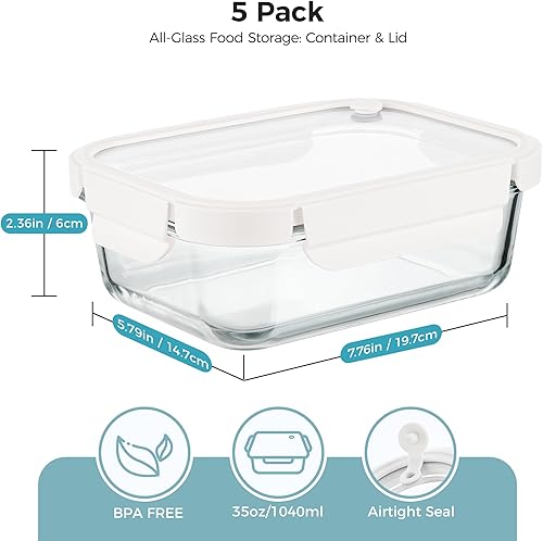 Miniatura 2 de Vtopmart Paquete de 5 recipientes de vidrio de 35 onzas con tapas de vidrio y ventilación de aire, juegos de recipientes de alimentos para