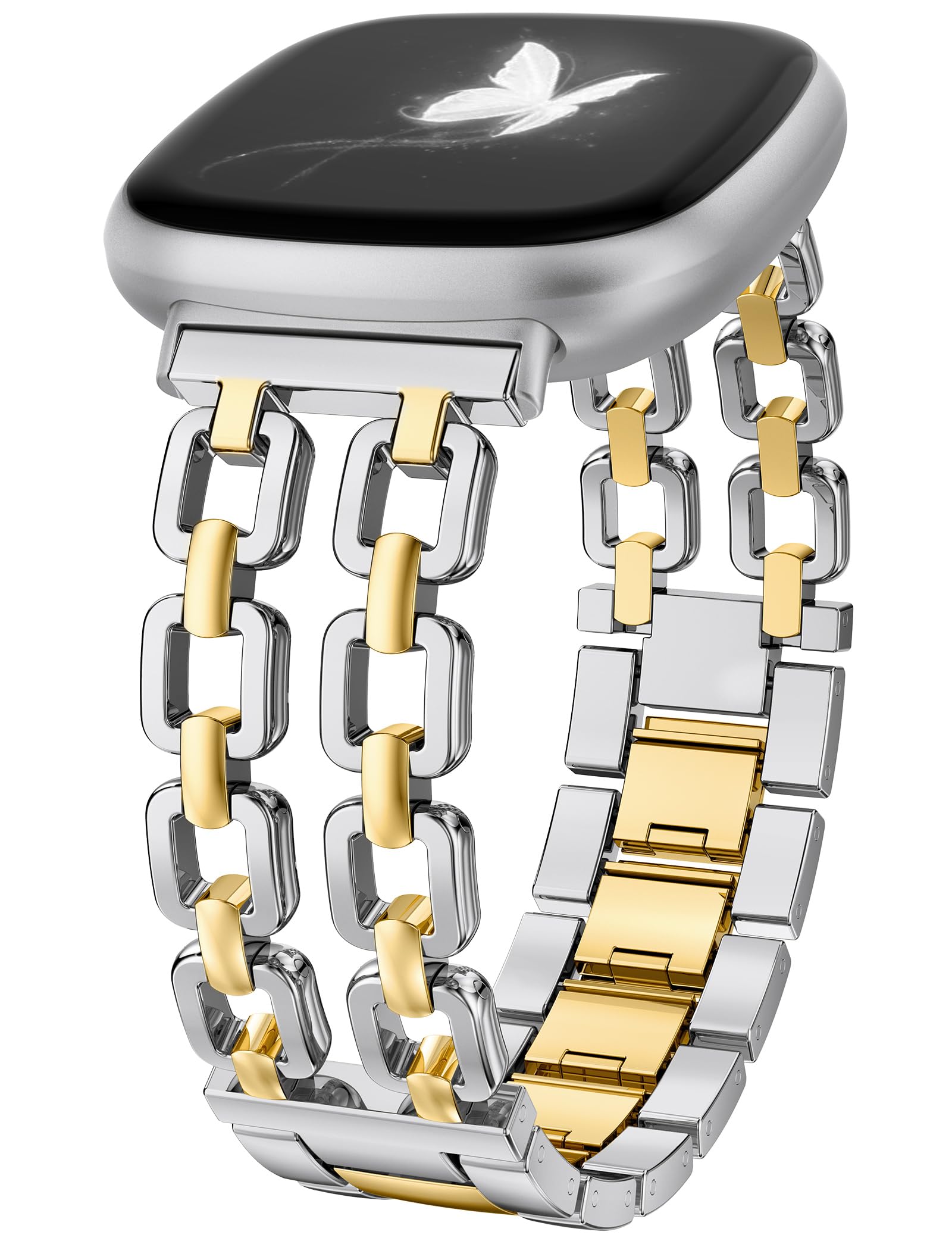 Wearlizer Metal Band Compatible with Fitbit Versa 4 Bands for Woman/Versa 3/Sense 2/Sense Bands Women, Dressy Chain Strap Designer Stainless Steel Bracelet Wristband Silver/Gold