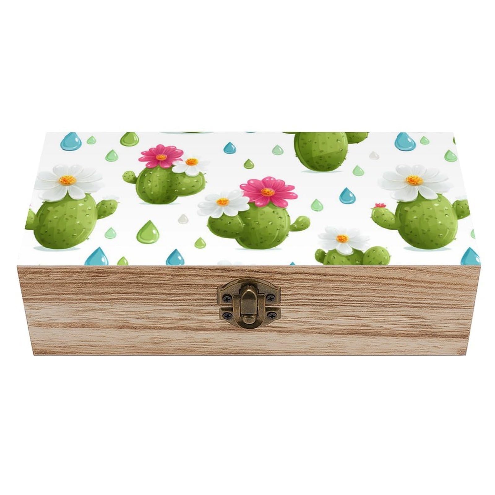 HLBSDM Cactus Wooden Box with Hinged Lid Decorative Storage Case Container