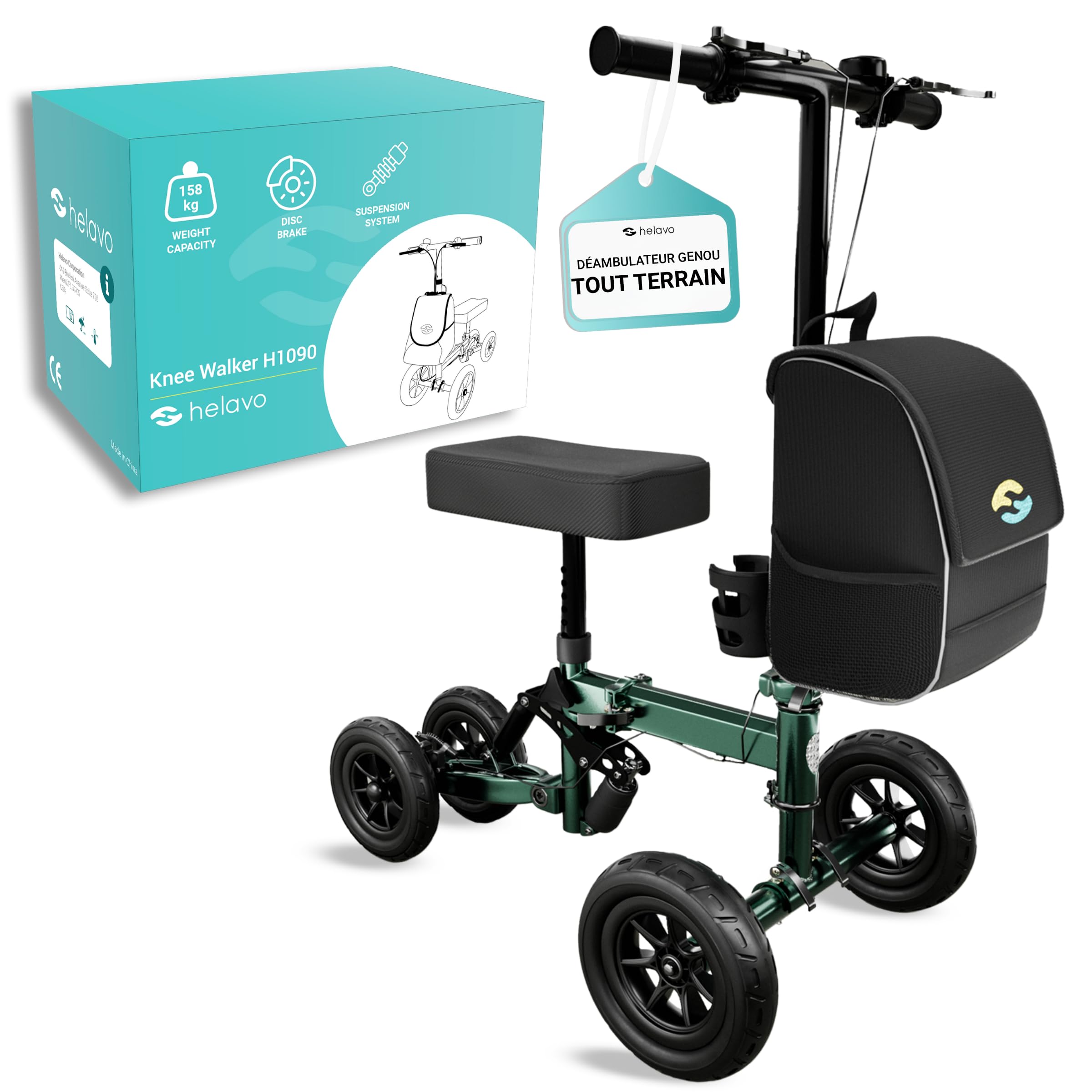 Helavo Trottinette à genoux avec pneus en caoutchouc massif anti-crevaison – Trottinette pliable pour blessures à la cheville, au pied ou au bas de la jambe, Knee Rover