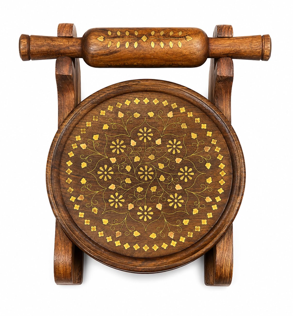Handcrafted Sheesham Wood Chakla Belan Set with Stand | 10 Inch Wooden Rolling Board with Brass Floral Inlay | Premium Roti, Chapati & Paratha Making Board |-picture-18