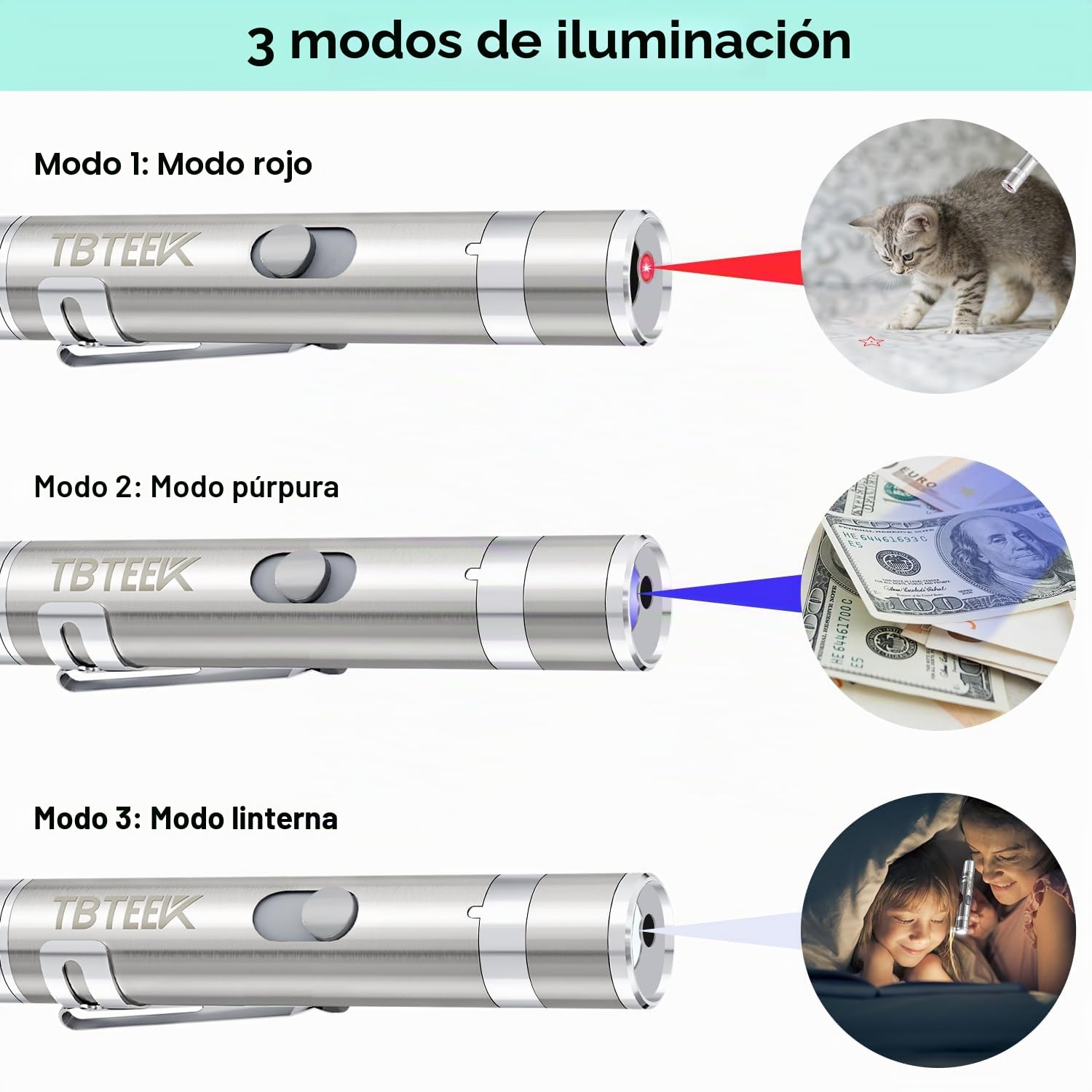 TBTeek Juguetes para gatos recargables, juguetes para gatos de interior, 7 luces ajustables y patrón, juguete interactivo para gatos, juguete portátil divertido para entrenamiento y ejercicio (paquete