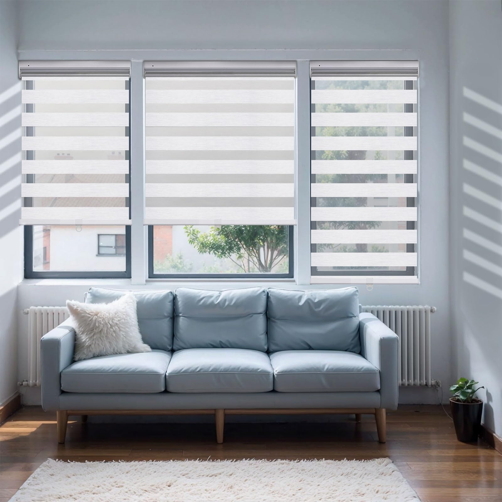 UrMoon No Drill Zebra Blinds No Tools Zebra Shades Cordless Roller Shades for Windows Dual Layer Roller Blinds Room Darkening Custom Size for Indoor, 80% Blackout Silvery White, 34