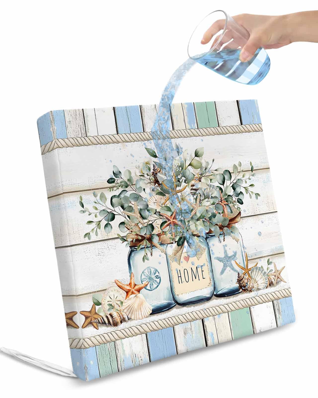 2 Pack Green Eucalyptus Waterproof Cushion Covers with Ties, Outdoor Patio Chaise Lounge Chair Seat Cushion Slip Covers Replacement(Only Cover) Botanical Floral Starfish Rustic Wood 24