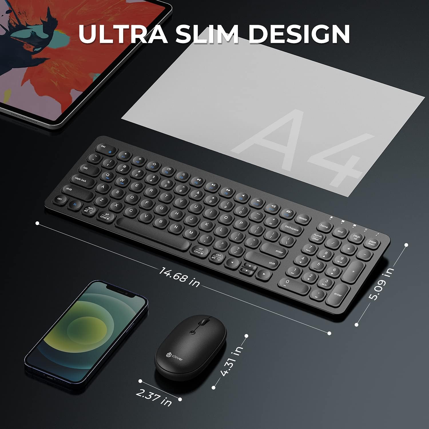 Black Desktop Ergonomic Wireless Keyboard with Number Pad for Mac