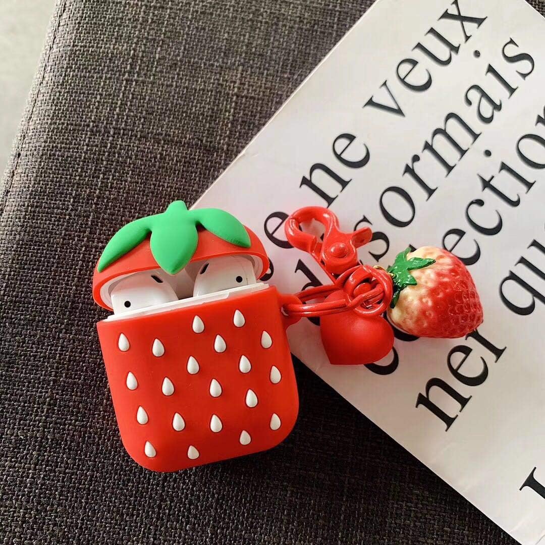 AirPods Case Cover, Casual AirPods Accessories Series, Cute Kawaii Fun Design, Shock & Scratch-Resistant Silicone Cover Skin with Keychain Accessory for Girls Boys Teens Kids Women(Strawberry)