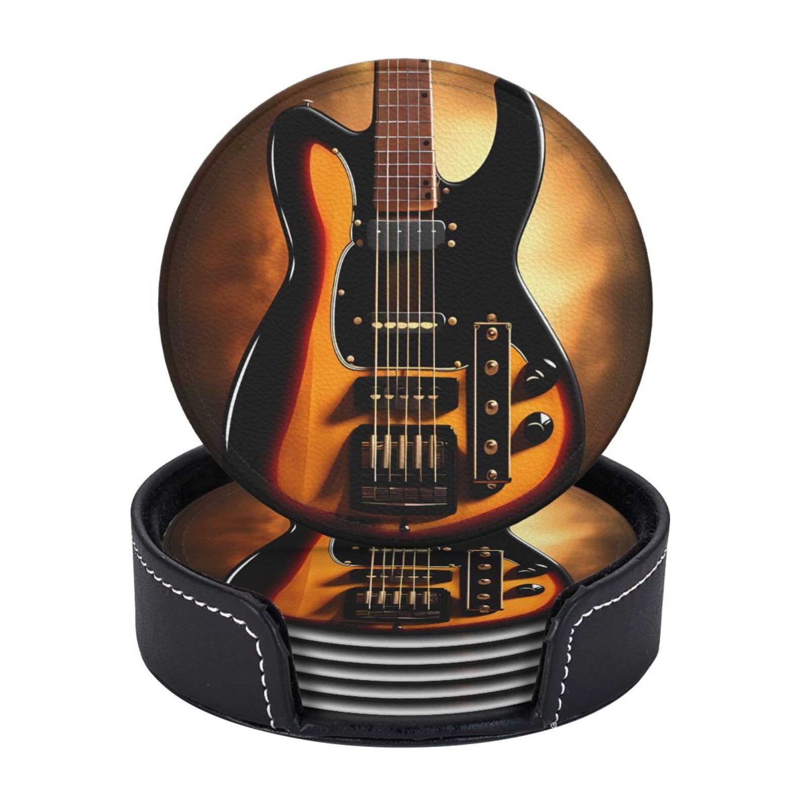 6Pcs PU Leather Coaster for Drinks, Instrumental Guitar Cup Coasters with Holder, Aesthetic Drink Coasters for Coffee Table, Round Coaster for Tabletop Protection 4" Cup Mat Pad