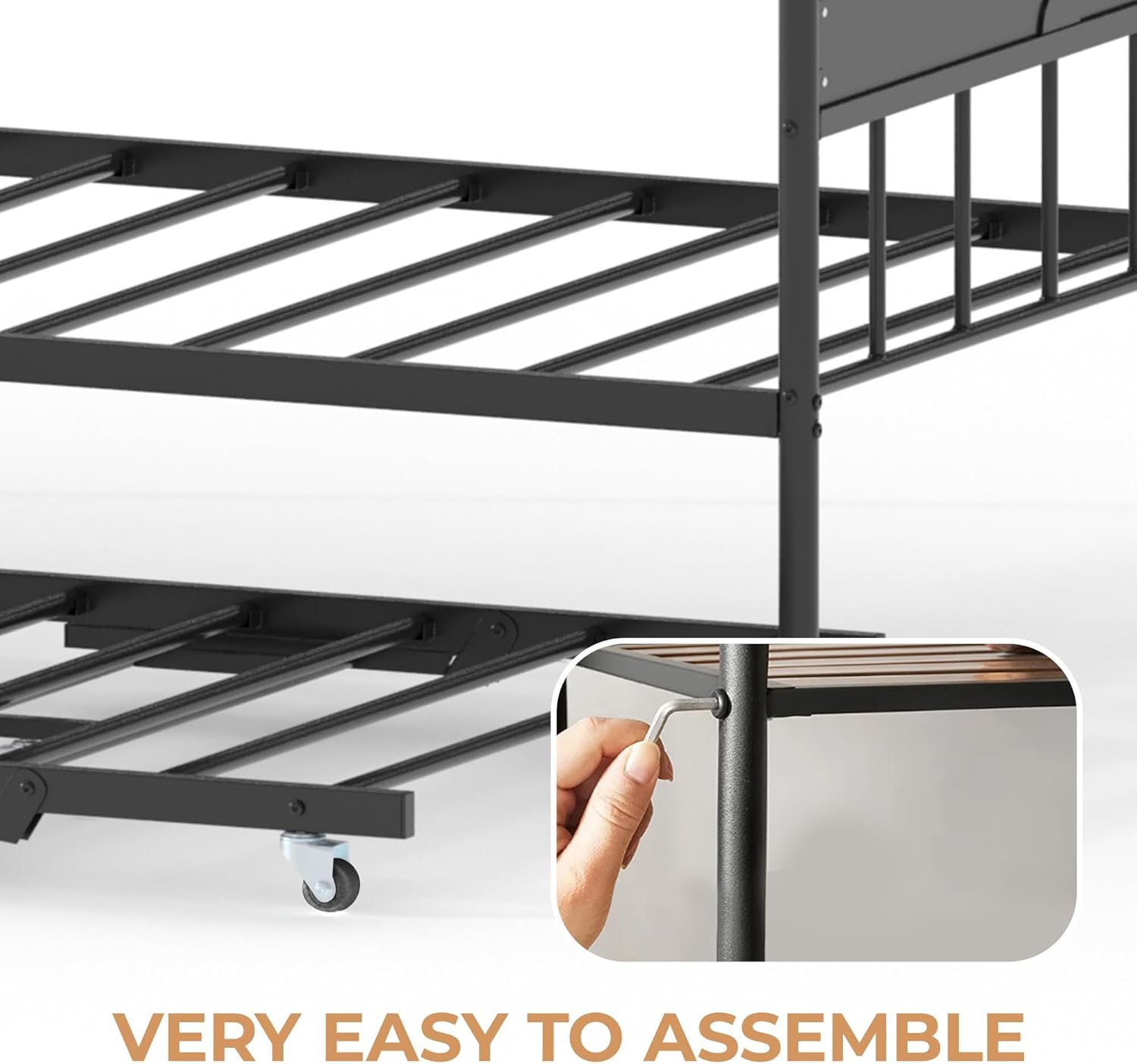 Garvee Twin Daybed with Trundle, Twin Bed Frame with with Stylish Headboard, Heavy Duty Steel Slats Platform for Living Room, Bedroom, Black