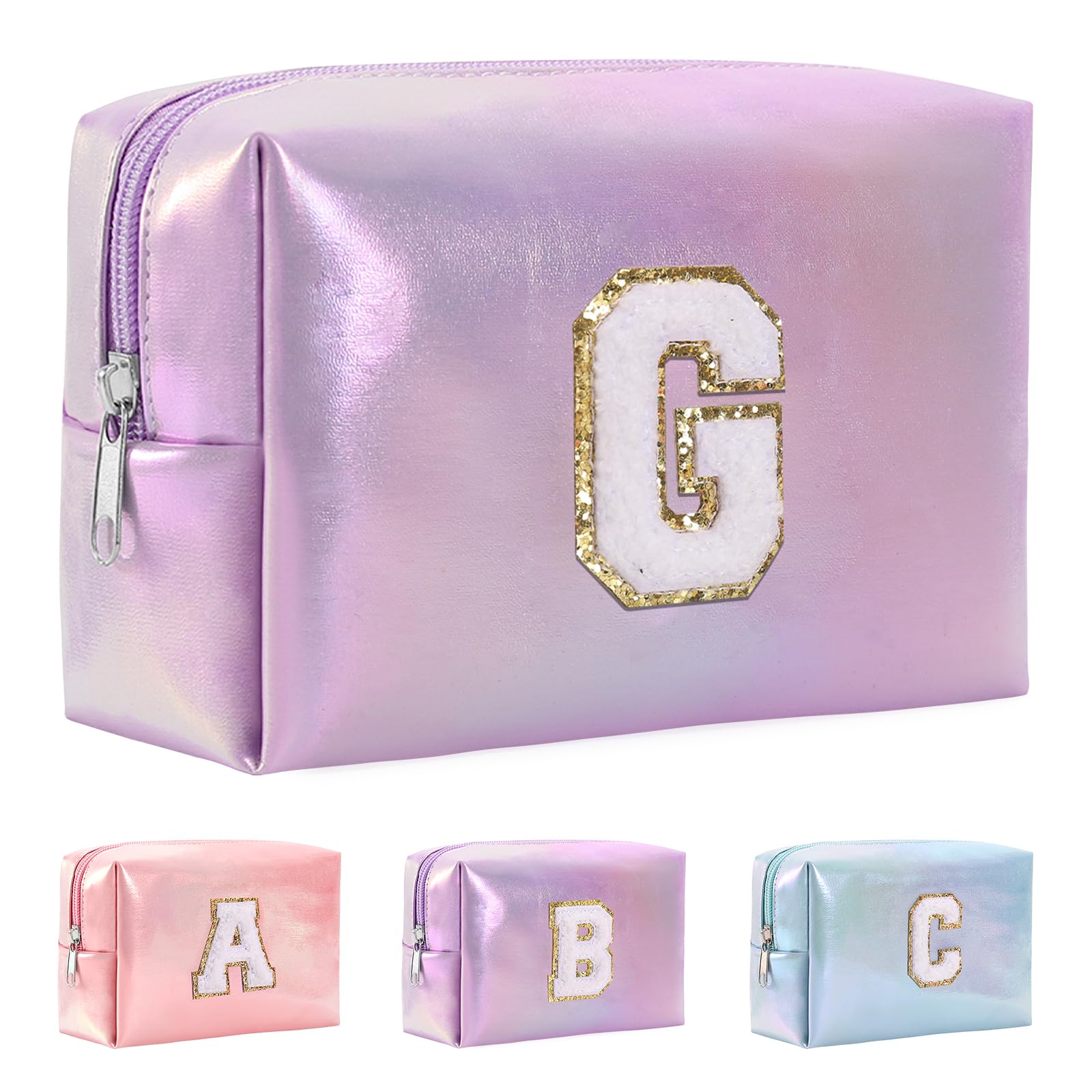 Hbhpov A-Z Personalized Initial Letter Makeup Bag Organizer,Waterproof PU Leather Chenille Letter Cosmetic Pouch Bag Travel Portable Toiletry Bag,Gift