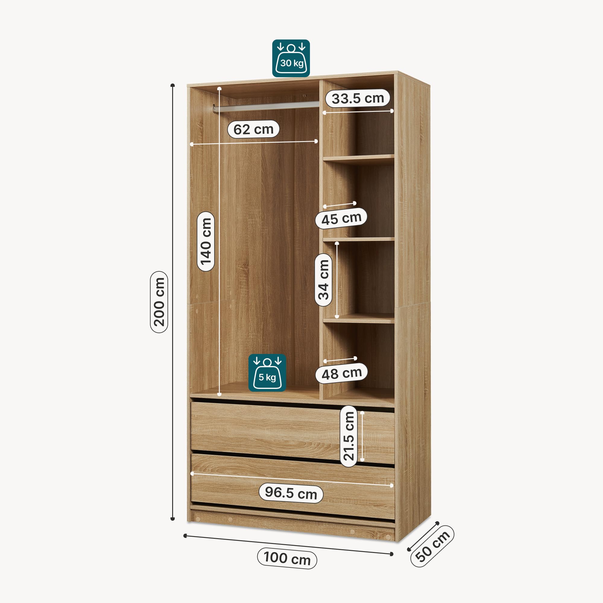 [en.casa] Armadio Aperto con Asta Barra Vano Appendiabiti Guradaroba con 7 Scomparti Aperti e 2 Cassetti per Soggiorno Camera da Letto Cameretta 200 x 100 x 50 cm - Effetto Rovere