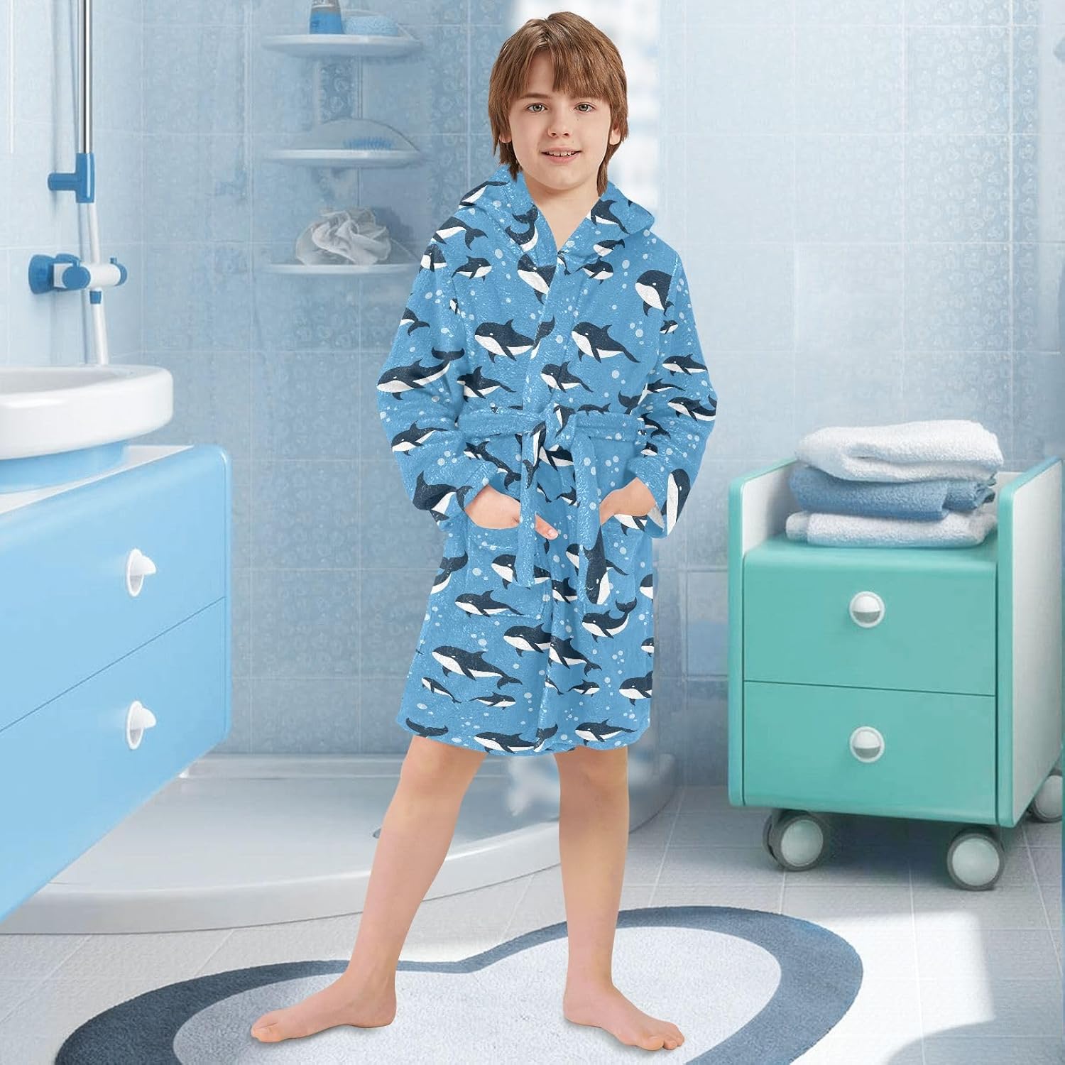 Cartoon Killer Whale Theme Toddler Hooded Bathrobe for Boys Girls Soft Plush Bath Towel Robe 2-12 Years