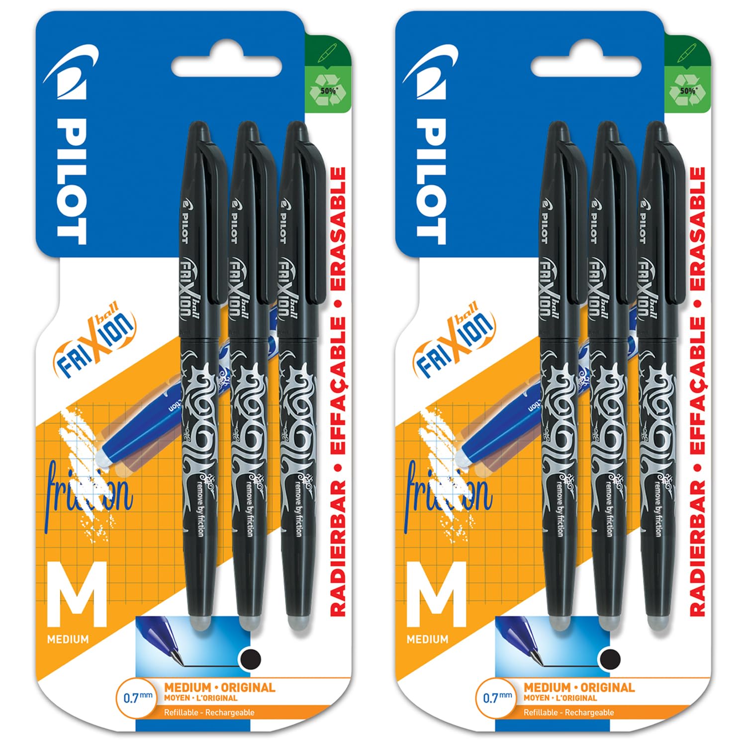 PILOT Frixion Heat/Friction Erasable Rollerball Pen FR7 | Medium Line 0.7mm Tip Nib | Black Ink | Blister Packs of 6 Pens