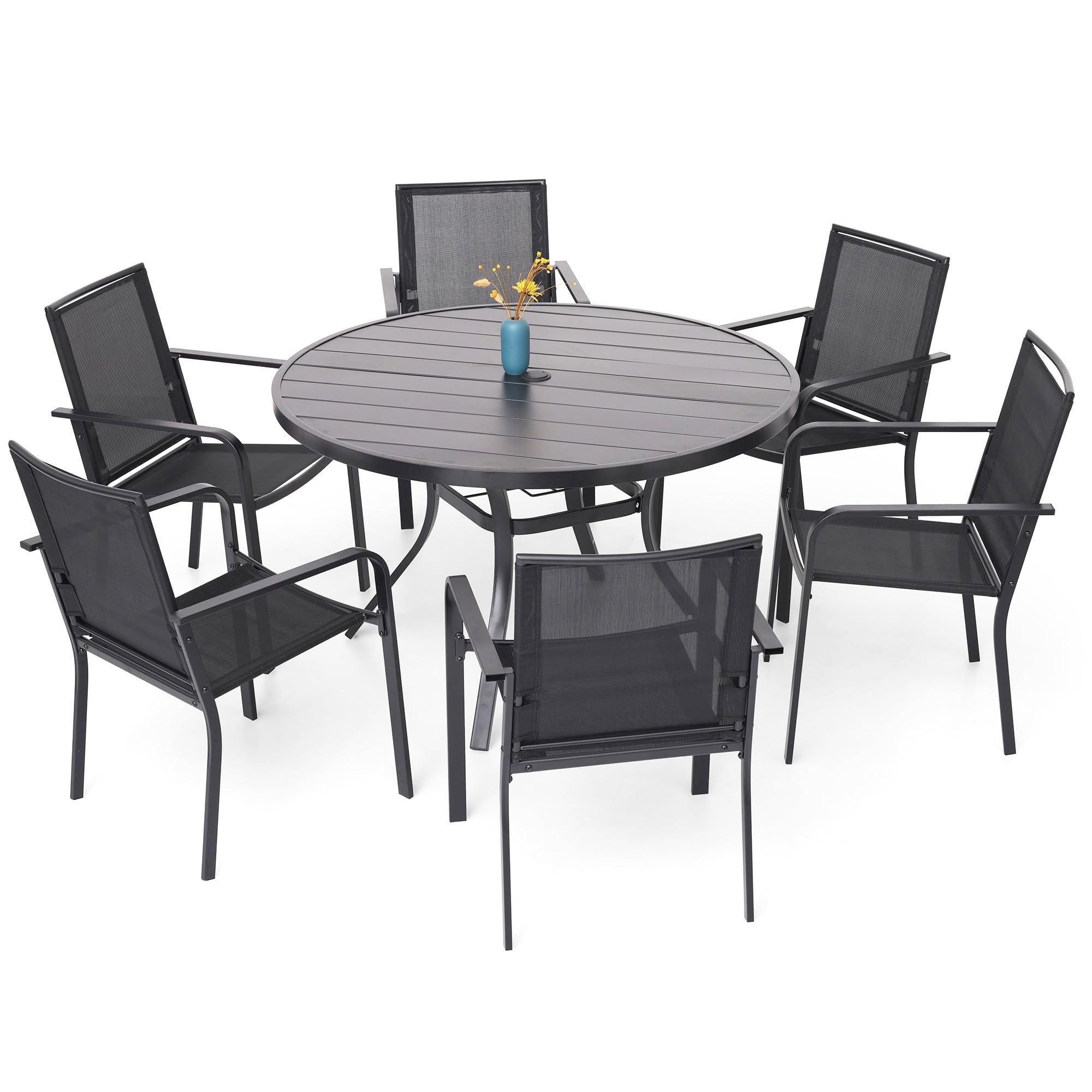 Anmutig 7-Piece Outdoor Patio Dining Set, 6 Stackable Chairs &amp; 48-inch Round Weather-Resistant Table with Umbrella Hole for Lawn,Deck,Backyard,Black