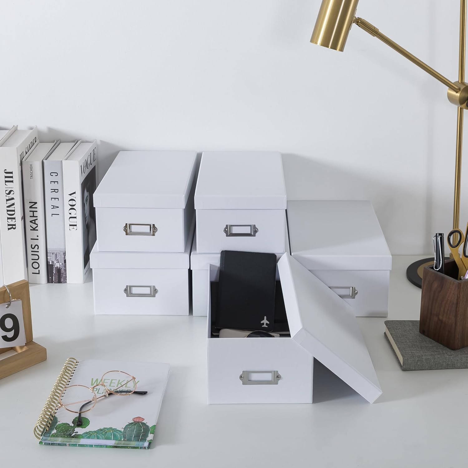 Soul & Lane White Storage Boxes - Set of 6 (3 Large, 3 Medium), Keepsake Memory Storage Boxes with Lids, Cardboard Organizers with Label Holders for Photos, Crafts, Collectibles