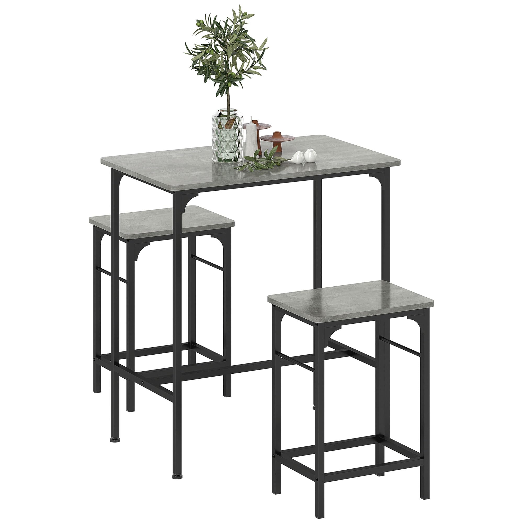 HOMCOM Bartisch Set Bartisch mit Barhocker-Set Esstisch mit 2 Stühlen mit Rutschfestem Fußpolster Küchentisch für Esszimmer, Küche, Grau