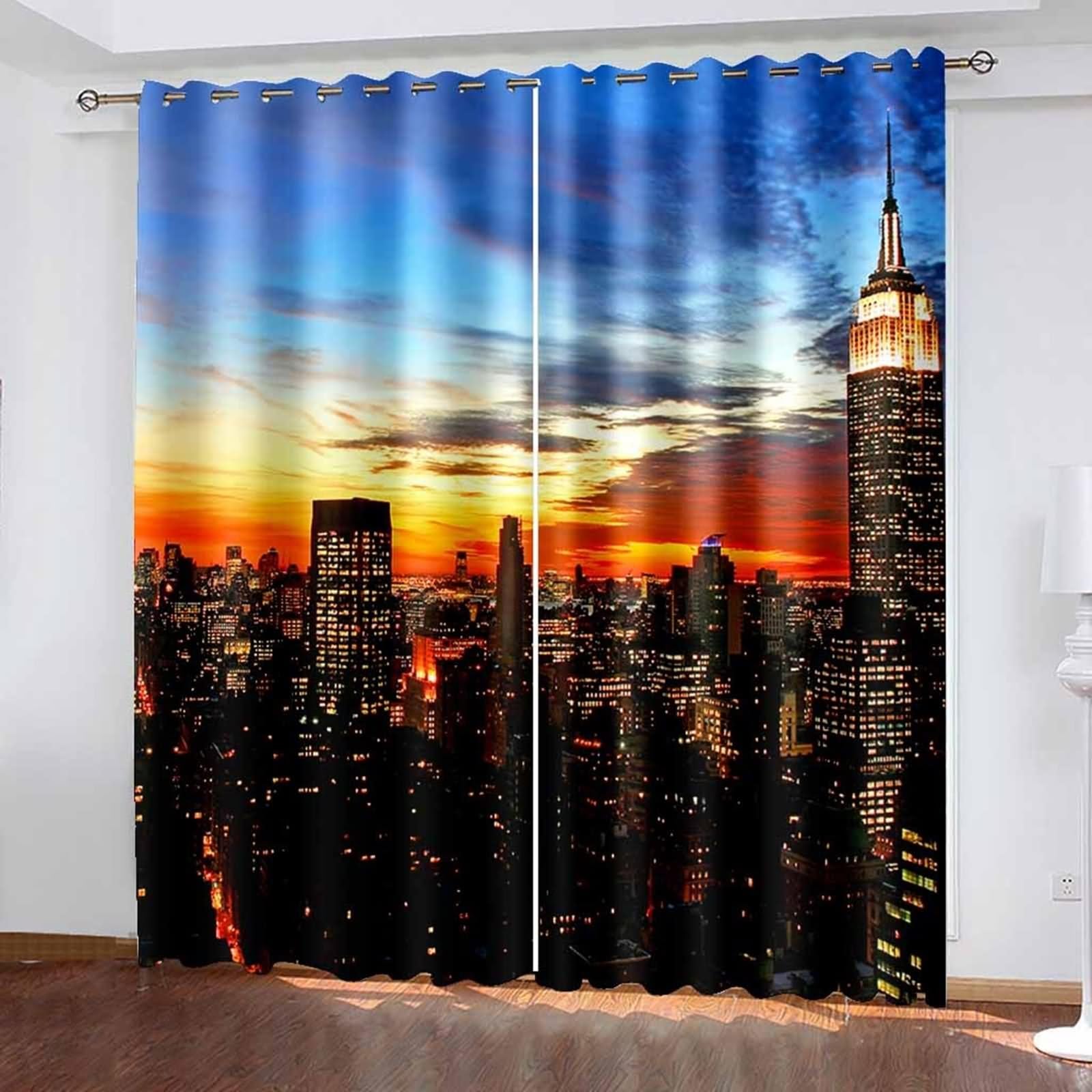 Cortina opaca para dormitorio, cortina de salón, pequeña ventana, azul, naranja, negro, paisaje de construcción de la ciudad al atardecer, poliéster, 2 264 x 214 cm