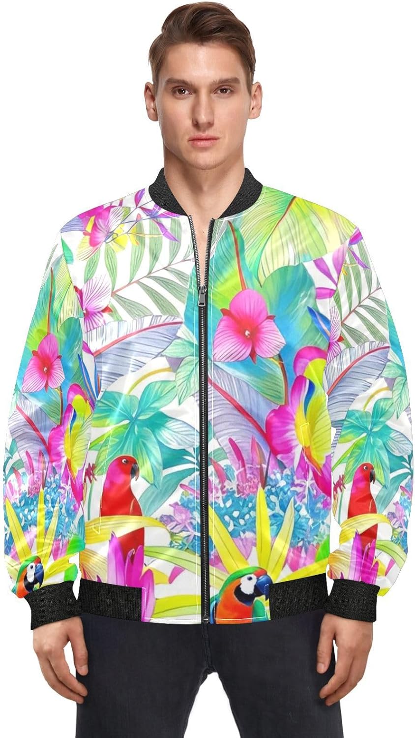 Colorful Tropical Parrot Flowers Men'S Lightweight Rain Jacket Windbreaker Jacket Men Fashion Coats For Men