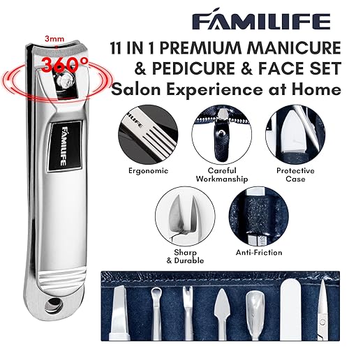 Miniatura 3 de FAMILIFE - Kit de manicura profesional para uñas, 11 en 1, juego de cortaúñas de acero inoxidable para hombres, kit de pedicura, kit de aseo para