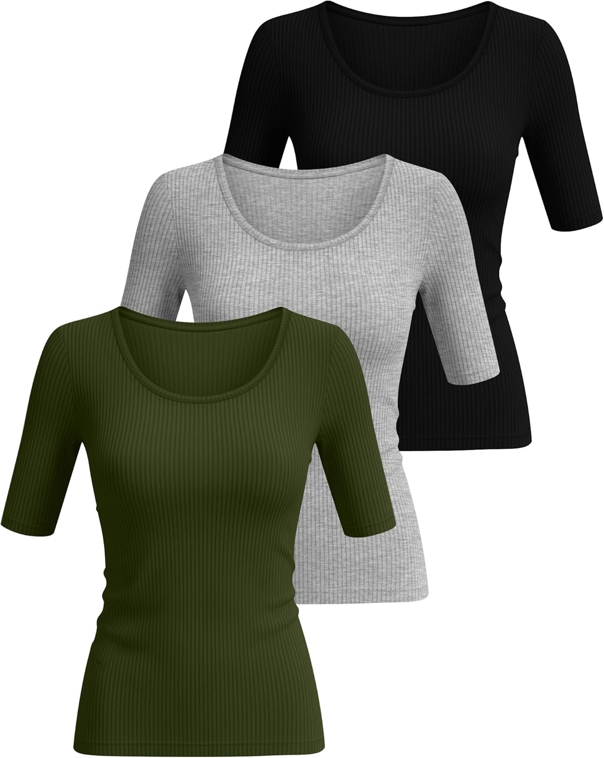 Ficerd 3 Pack Women's Half Sleeve Tops Ribbed Elbow Length Shirts Scoop Neck Slim Fit Summer Basic Tee Trendy Casual Blouses - Image 3