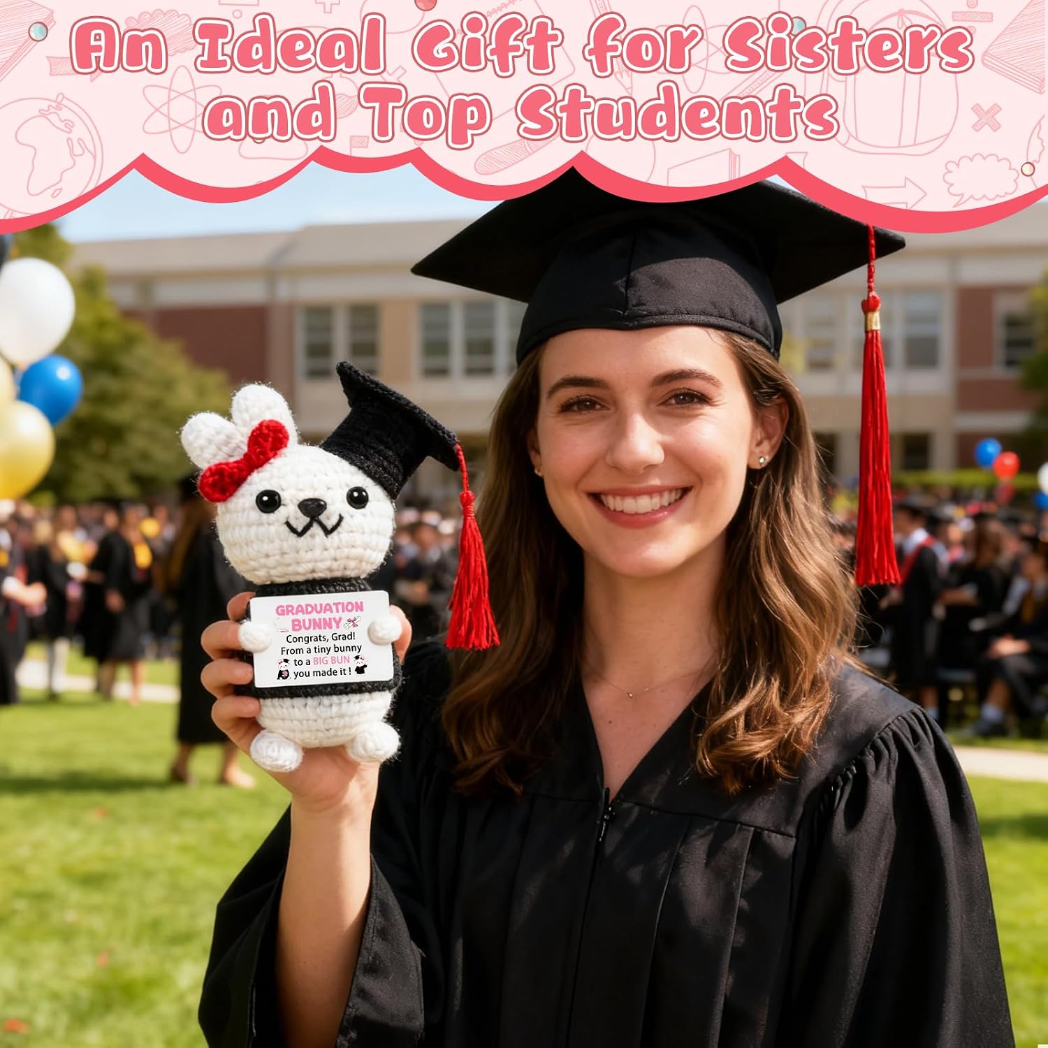 Kindergarten Graduation Gift for Her, Preschool Graduation Gifts, Handmade Crochet Bunny with Inspirational Card, Class of 2026 Cute Stuffed Animal Keepsake, Elementary Grad Gift Decoration