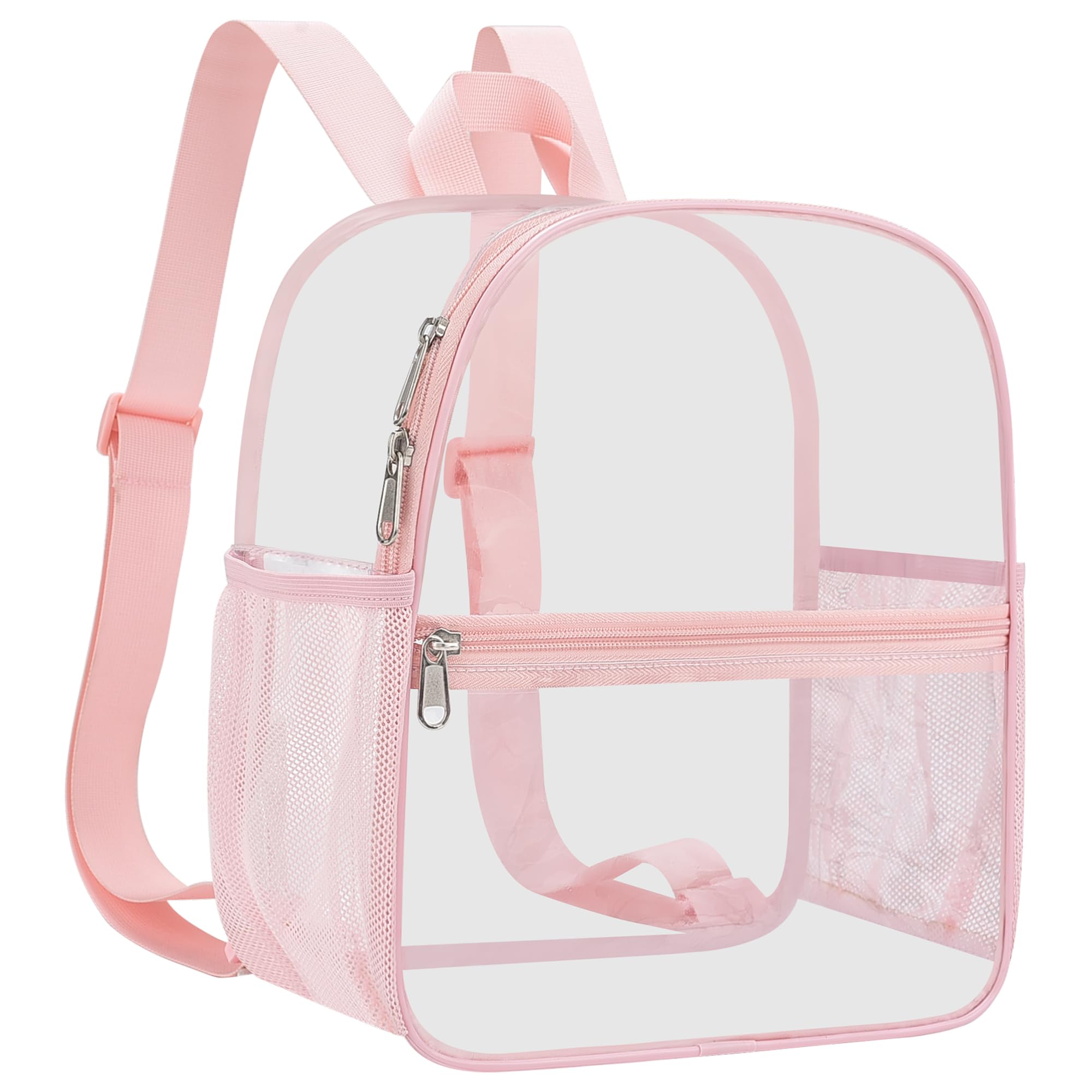 Slumou Clear Backpack Stadium Approved 12×12×6 Clear Mini Backpack Small Transparent Backpack for Concert, Beach, Work, Travel & Sporting（Pink）