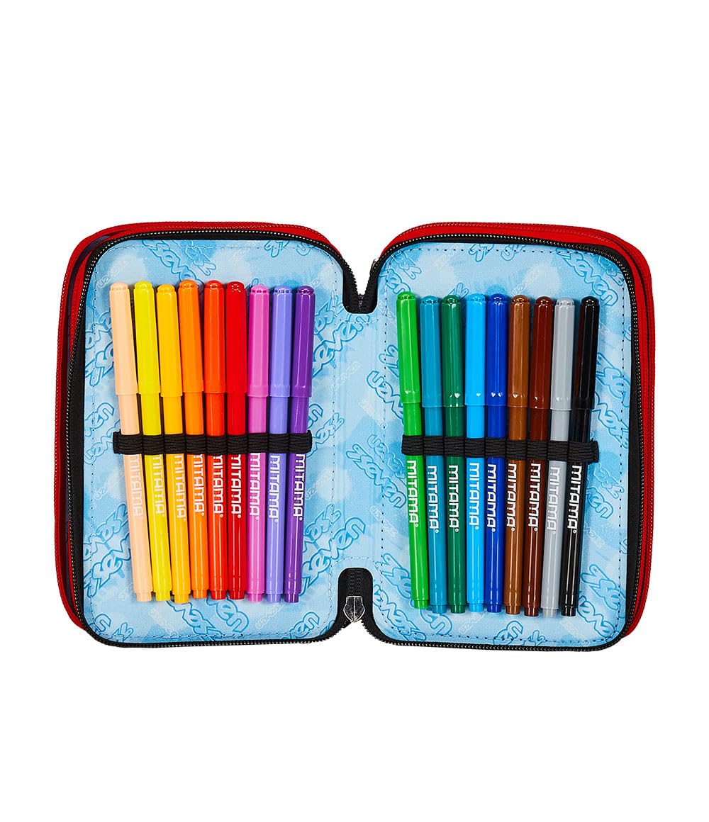 Seven Astuccio 3 Scomparti, Nero, Triplo Scomparto, Completo di Matite, Pennarelli, Colori, Accessori Zaino + 18 Pastelli a Colori