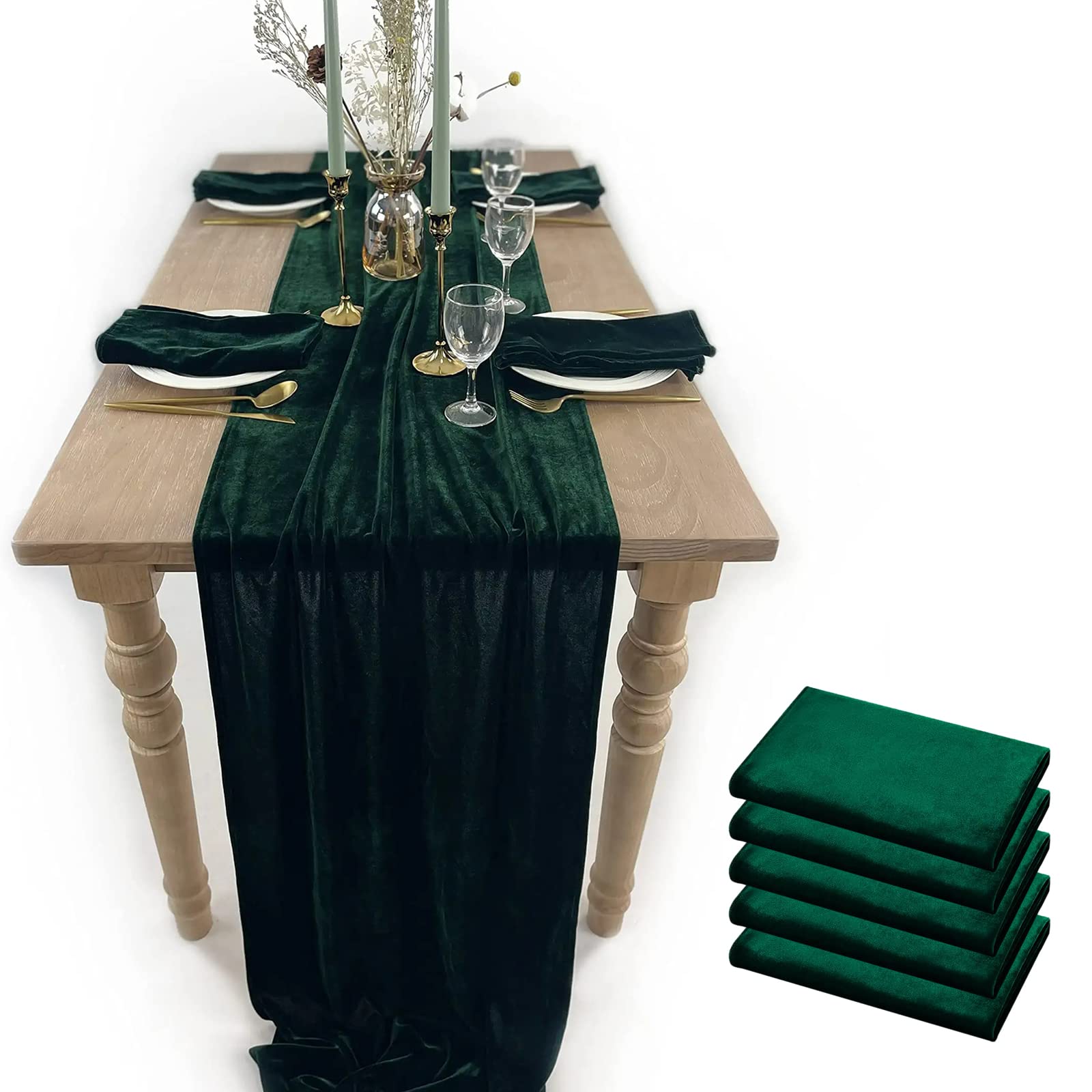 Velvet Table Runner, 5 Pack Luxurious Wedding Reception Decorations Soft Velvet Fabric Table Linen Overlay for Party (20 x 120 inch, Emerald Green)