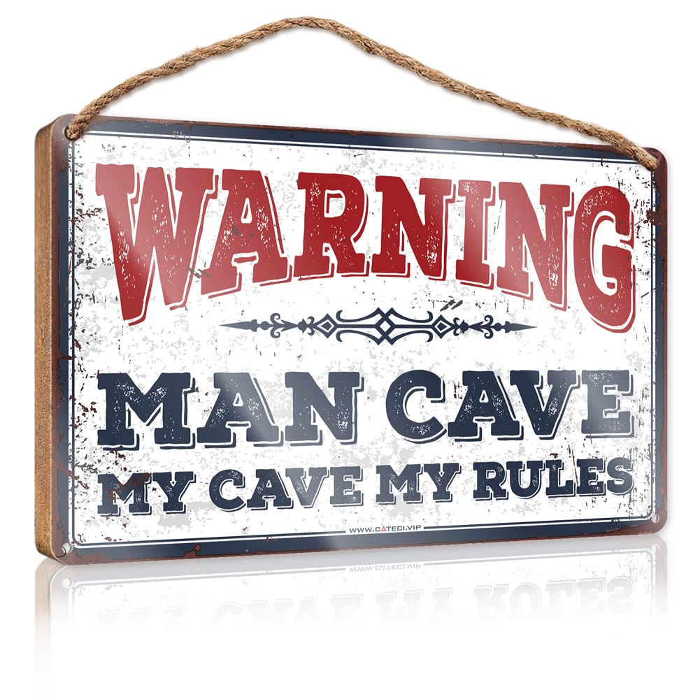 Wall Hanging Decor Men Warning Man Cave My Cave,My Rules Wooden Sign Funny Door Signs For Office Welcome Sign(15X28CM)