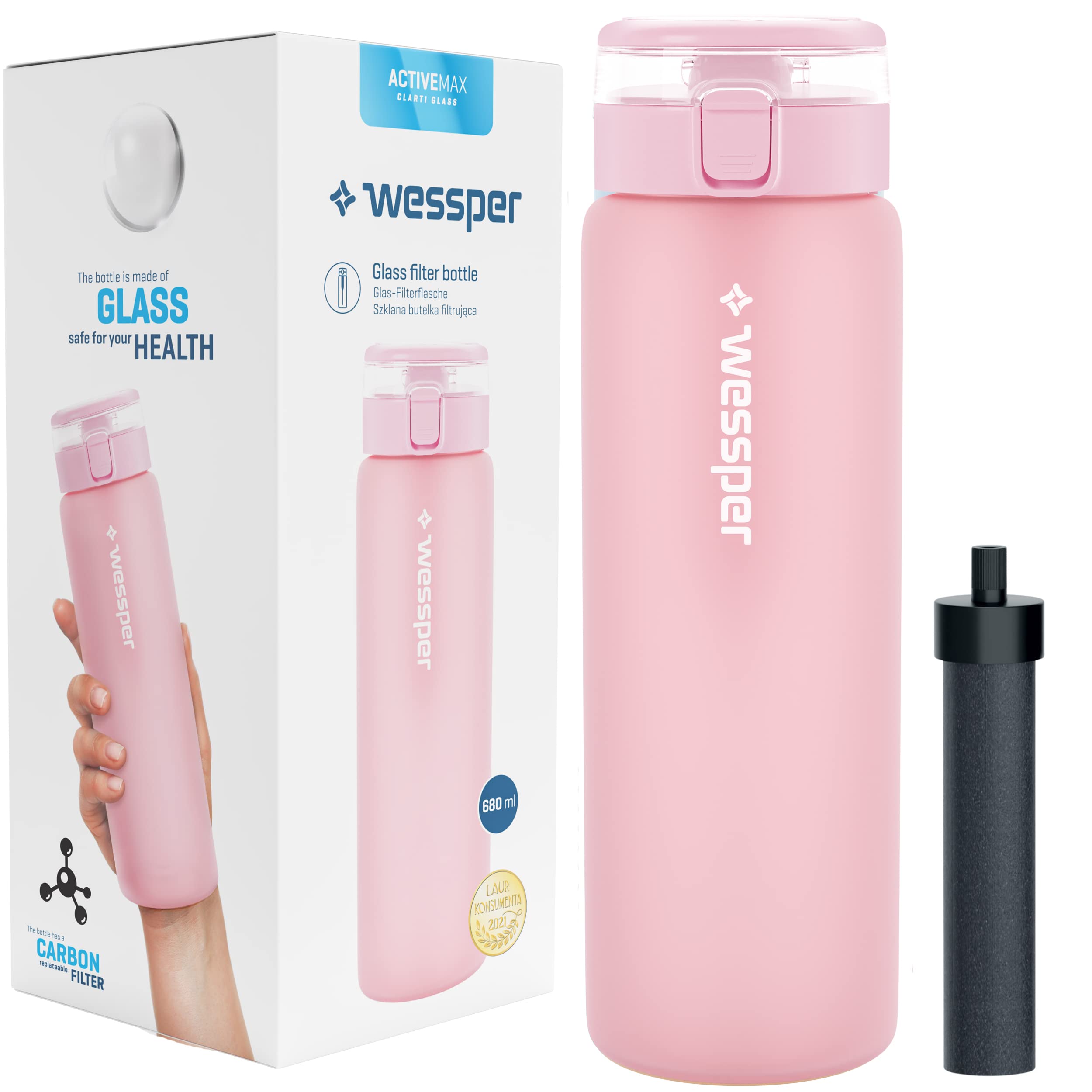 Wessper Gourde Filtrante Verre 680 ml Sans BPA Rose | Gourde filtrante en verre 680 ml avec filtre charbon et paille pour bureau sport voyage école