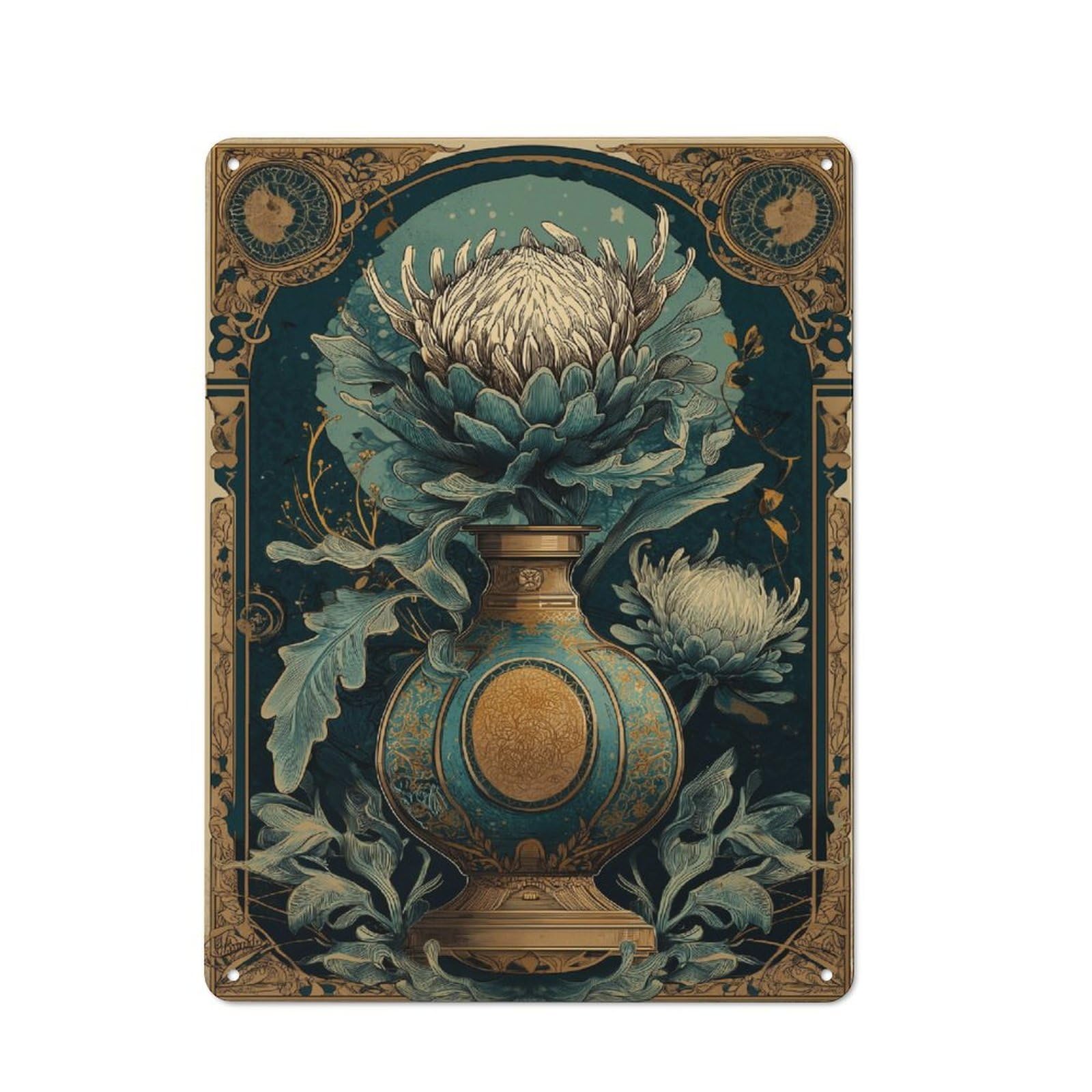 Junmoney Ornate Floral Vase Illustration Rustic Metal Wall Sign 40X30cm Featuring For Pub Or Café, For Vintage Wall Decor Fans, For Metal Sign Collectors