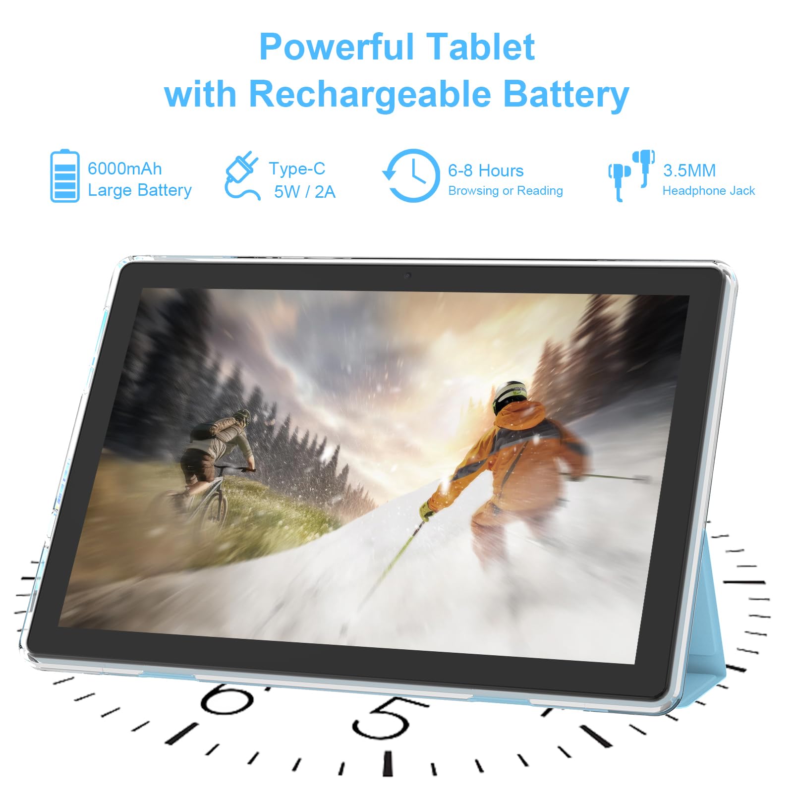 Tablette Android 15 10" avec étui, 10 Go de RAM + 64 Go de ROM (extensible à 1 To), processeur Quad Core, 5G WiFi 6, BT5.0, écran HD 1280 x 800, 6000 mAh, double caméra, GMS, Widevine L1, bleu