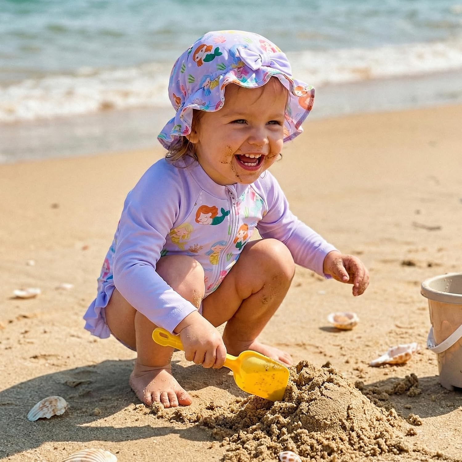 WASAIGOOD Baby Girl Long Sleeve Swimsuit Toddler Rash Guard Girl Bathing Suit Baby Mermaid Outfit Infant Swim Suits Sun Hat