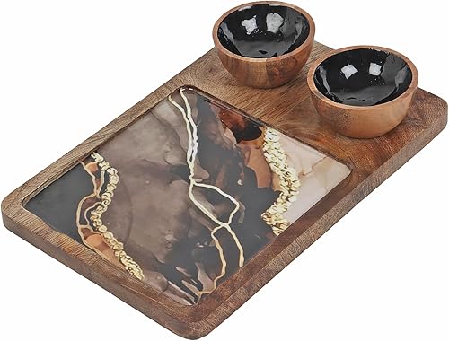 Miniatura 4 de Bandeja rectangular de madera hecha a mano con 2 cuencos para servir aperitivos antiguos utensilios de cocina plato decoración india regalo