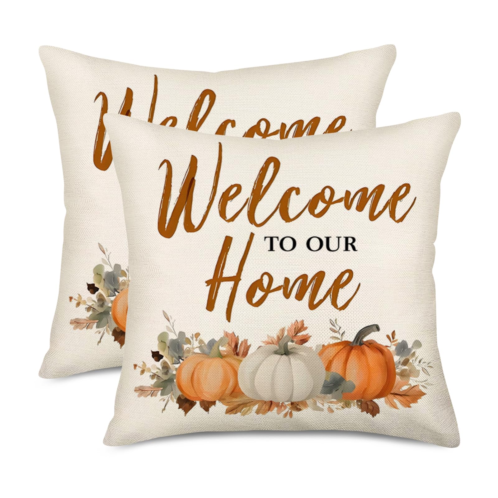 Easternproject Orange White Pumpkin Leaf Throw Pillow Cover 18x18 Inch Pack of 2 Fall Thanksgiving Cushion Pillow Case