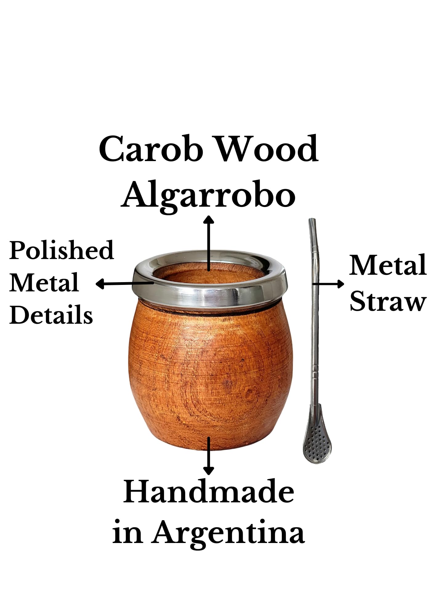 Tazza opaca argentina naturale, realizzata a mano in legno di carrubo con bordo in acciaio inox, opaca con lampadina, gourd opaco mug, stile barile