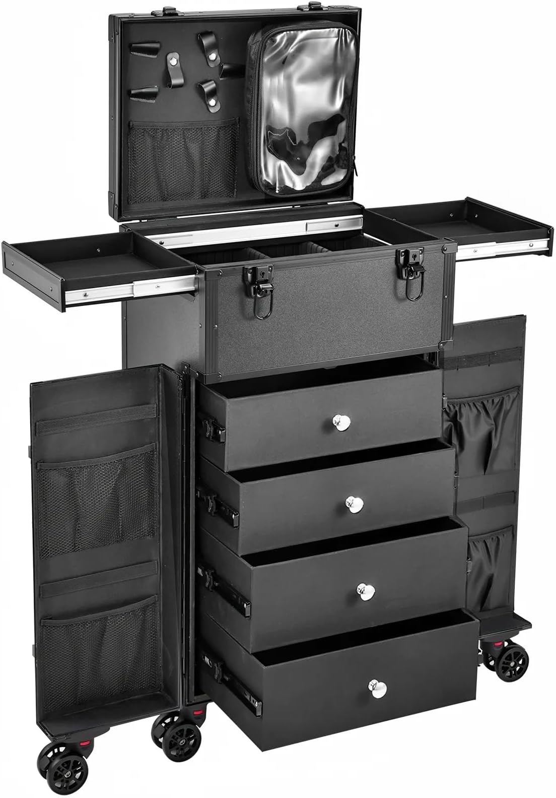 Joligrace Professional Rolling Makeup Case 4 Drawers Pro Makeup Artist Cosmetic Train Case Hairstylist Travel Case Portable Make Up Station with Multiple Compartments Extra Large - Black