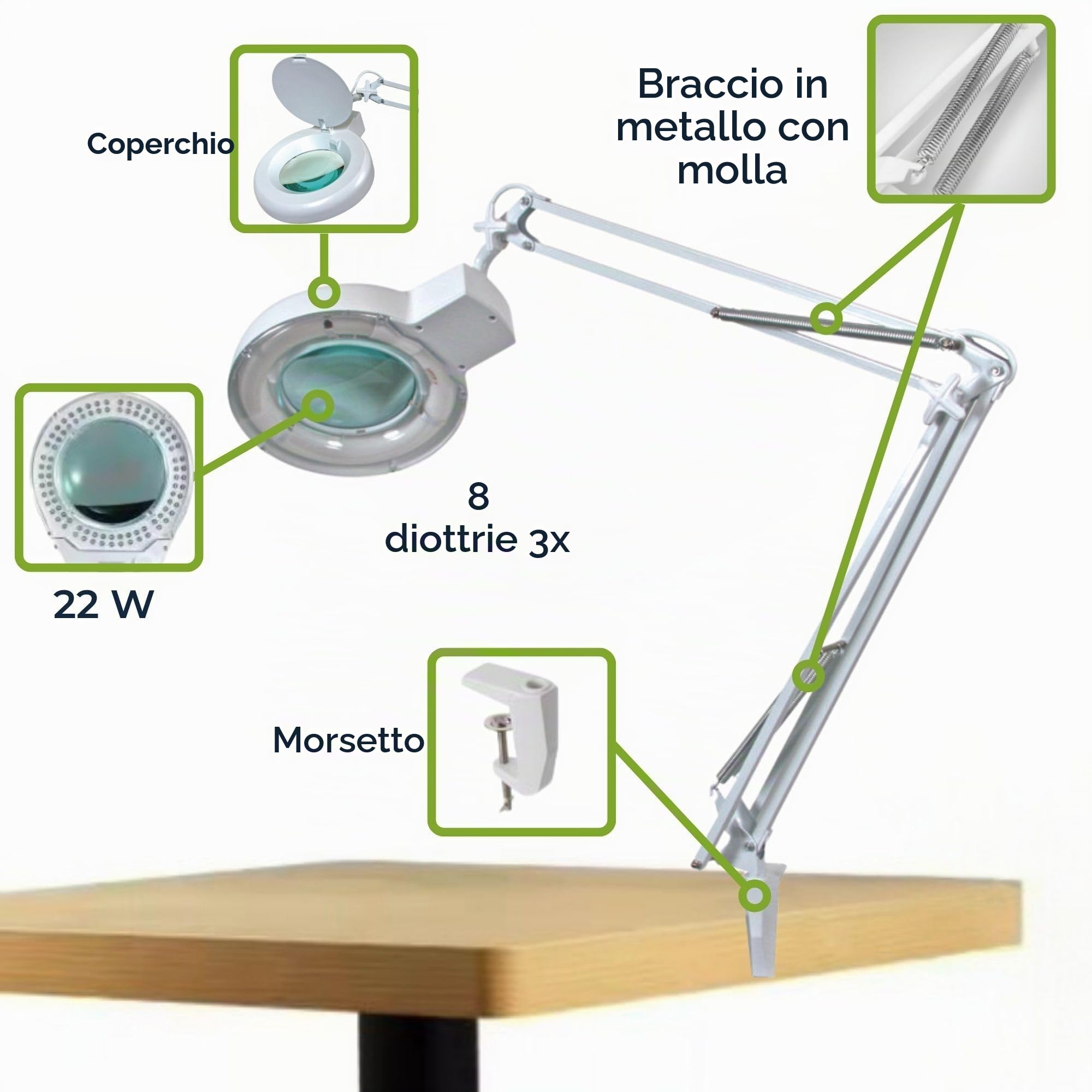 Velleman Lampada con lente e morsetto, 22 W con braccio orientabile, ingrandimento 3x, lente in vetro 8 diottrie 120 mm, per lettura, diamond painting, hobby e lavori di precisione, bianca