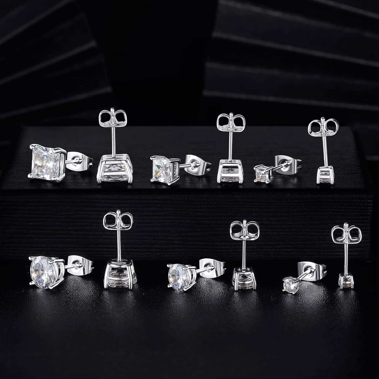 MDFUN 6 Pairs Stud Earrings Set 3mm/5mm/7mm Princess & Round Cubic Zirconia Earrings Hypoallergenic 316L Surgical Stainless Steel CZ Earrings for Women Men