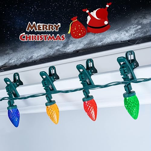 Miniatura 5 de Luces LED C9 de Navidad para exteriores, 68 pies, 100 luces LED de fresa con 100 abrazaderas de resorte, impermeable, grado comercial, extensible,