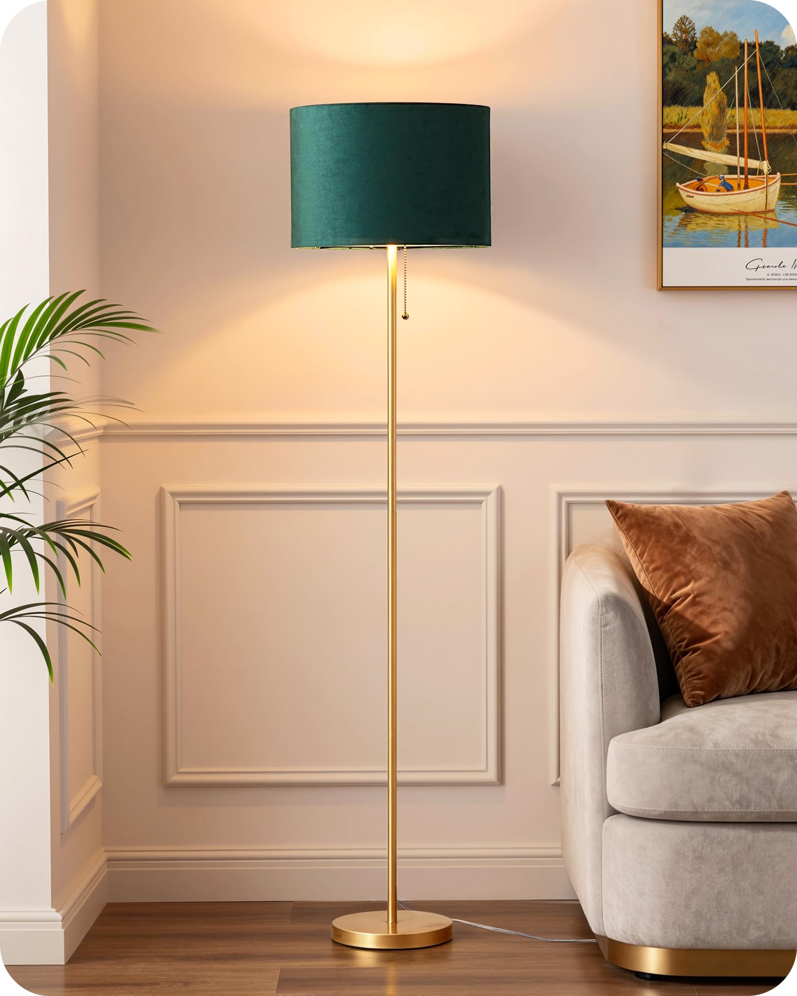 EDISHINE Modern Floor Lamp, Vintage Green Velvet Lampshade, E27 Socket